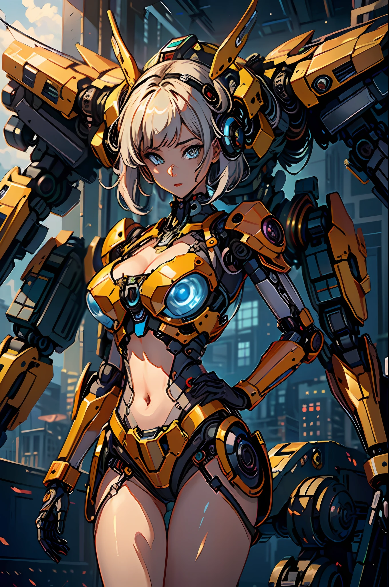 ((masterpiece, better quality)),illustration,ultra detailed 8k,photorealistic,sharp focus,very detailed,professional lighting,colorful details,iridescent colors BREAK extremely long plan of a factory,large mechanical robot construction,microchip,computer,glossy, intricate details,shitu-mecha,1girl stands next to Mecha, Gundam, navel, cute, sexy, eyes ultra detailed,