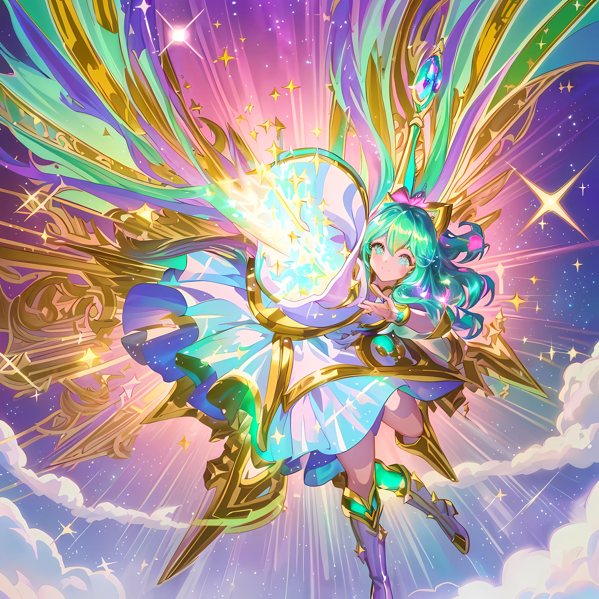 Colored hair, (magical girl)), ((gorgeous starry sky background), ((super detailed)), (best illustration), ((cinematic lighting)), dynamic angle, floating, fine, (Glitter: 1.2), (Glow: 1.2), (Glow: 1.2), (Glow: 1.2), (Glow: 1.2), (Exquisite), (Illustration: 1.2), (Animation Style), (Solo), Pretty Detailed Emoji, (Cute Face: 1.3), (Big Eyes)), Color Hair, (Long Hair: 1.2), (Flowing Hair: 1.2), (Magical Girl Costume), Details, (Shiny Wand: 1.3), (Magic Effect: 1.3), (Flowing Dress: 1.2), (Cute Boots: 1.1), (Twinkle: 1.2), (Glow: 1.2), (Glow: 1.2) , (sparkle: 1.2), (sparkle: 1.2), (sparkle: 1.2), (shimmer: 1.2.)