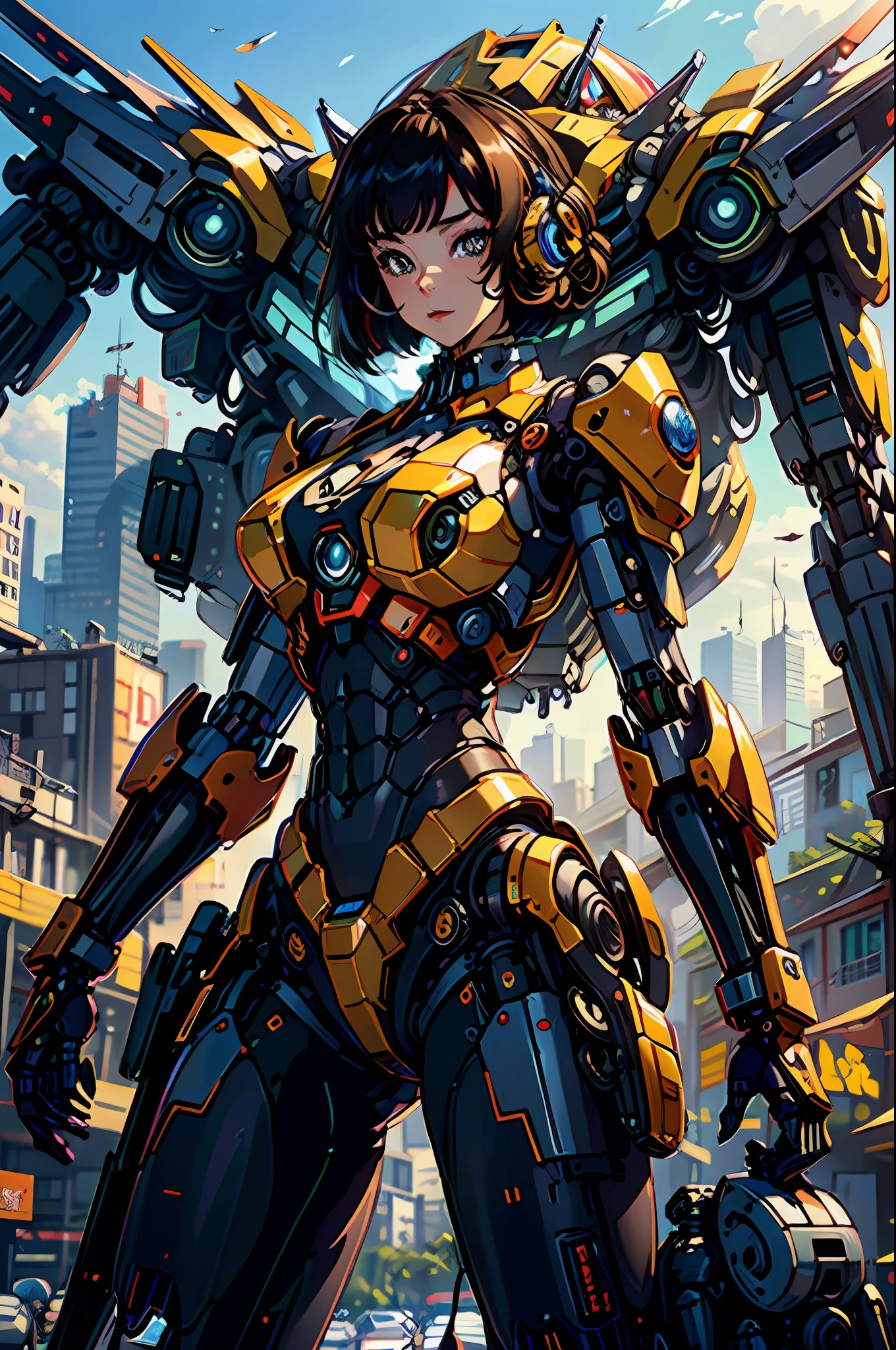 ((masterpiece, better quality)),illustration,ultra detailed 8k,photorealistic,sharp focus,very detailed,professional lighting,colorful details,iridescent colors BREAK extremely long plan of a factory,large mechanical robot construction,microchip,computer,glossy, intricate details,shitu-mecha,1girl stands next to Mecha, Gundam, navel, cute, sexy, eyes ultra detailed,