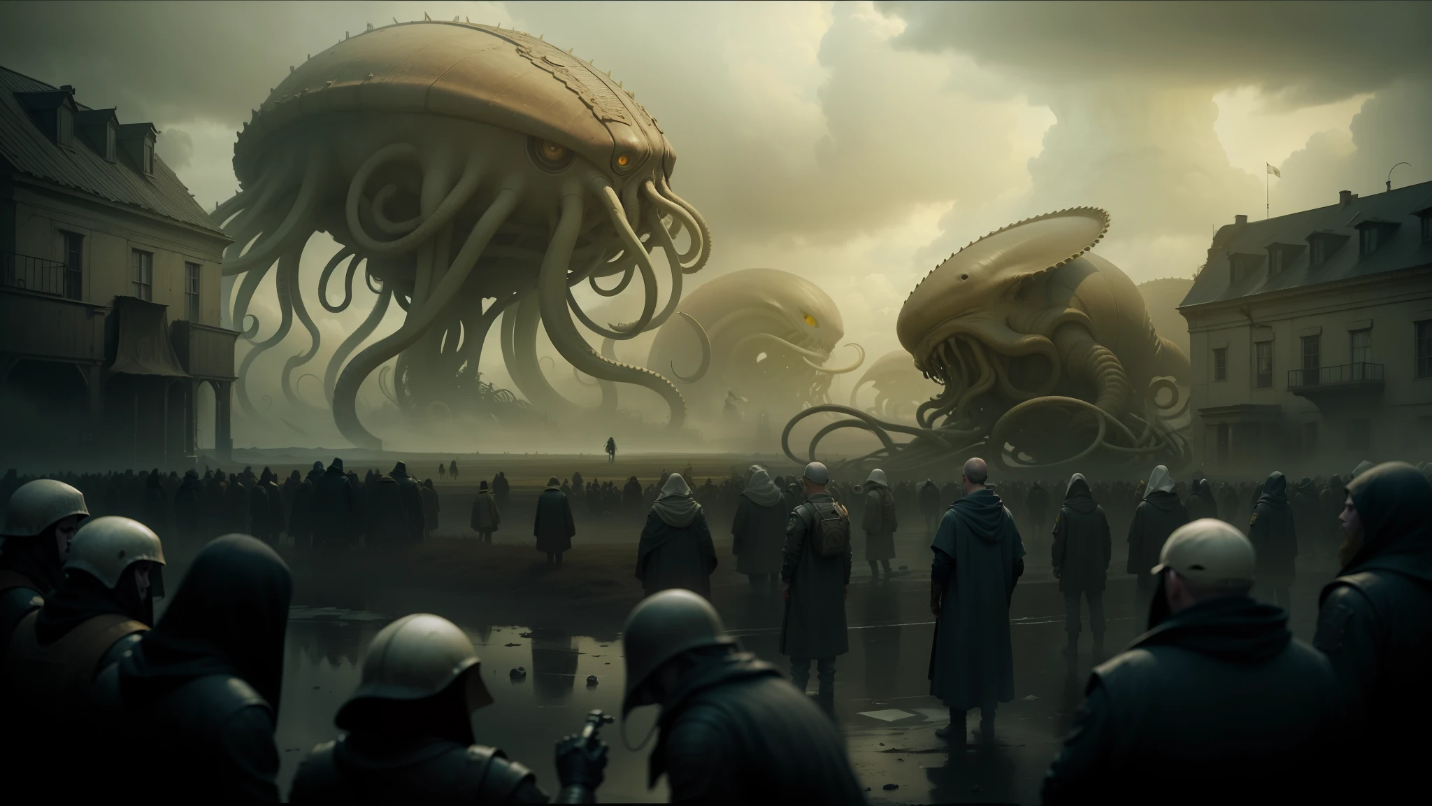 there are many people standing in a field with giant squids, production still, inspired by Raymond Swanland, neo norilsk, from left, gigantic cthulhu, epic biblical depiction, by roger deakins, keyframe, by Ramón Piaguaje, roaming the colony, by Tadeusz Pruszkówski, by Tomasz Jedruszek --auto --s2