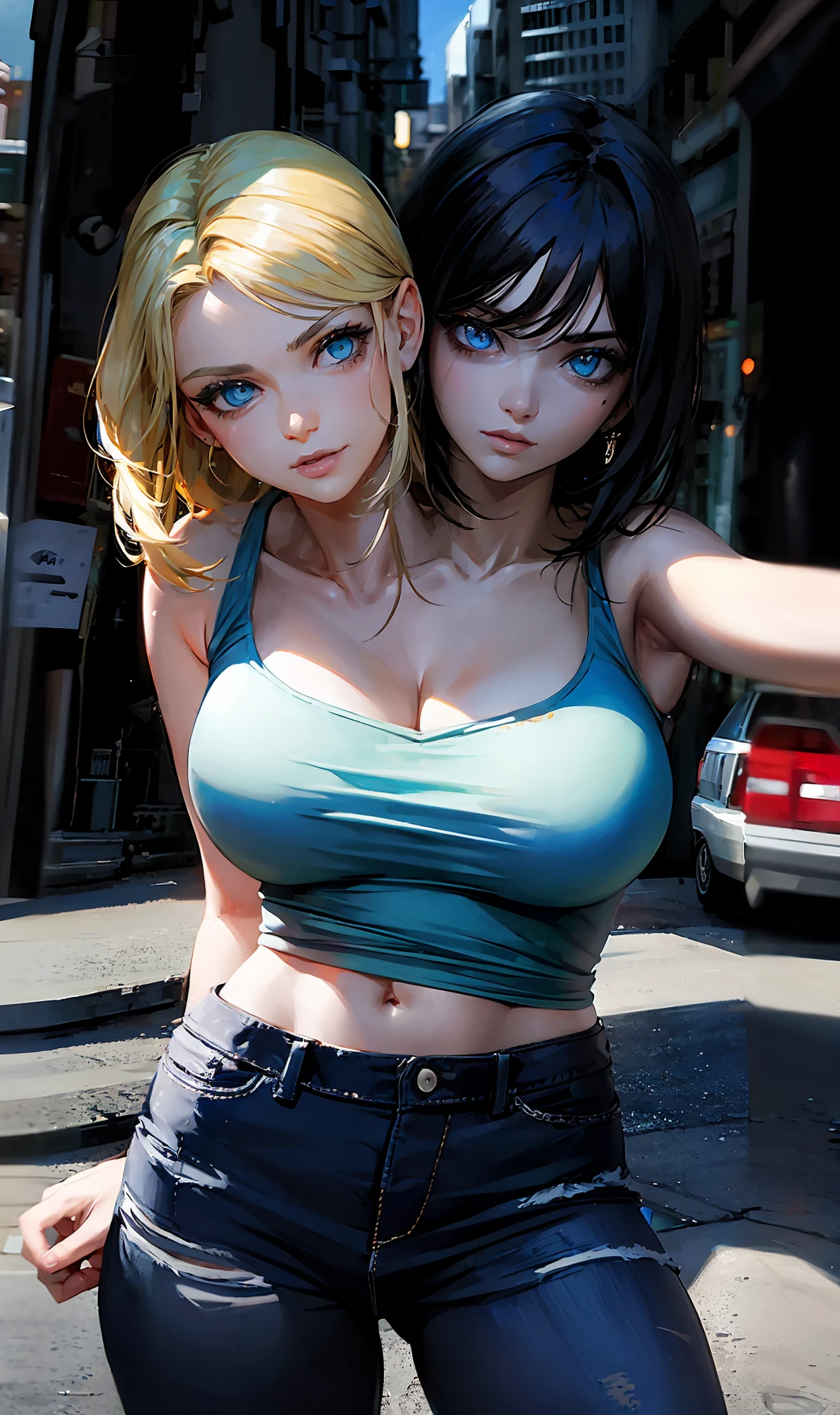 (2heads:1.4), two heads on one body, close up, conjoined, anme girl, blonde hair, black hair, different hairstyle, different expressions, different eye colors, blue eyes, green eyes, different hair colors, hands behind back,white tanktop, ripped jeans, urban background, arms on side