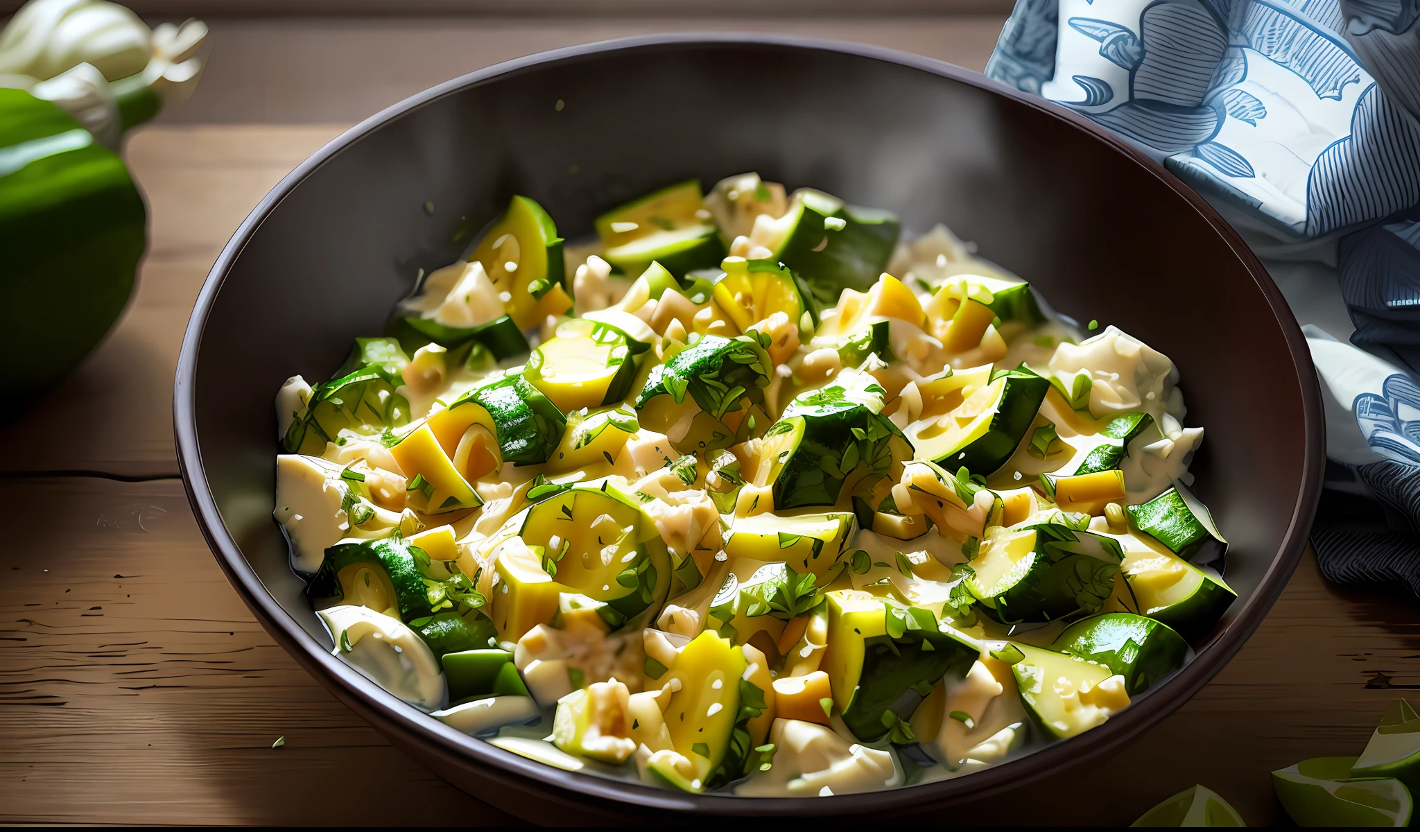 Zucchini stewed in sour cream with garlic and chili pepper