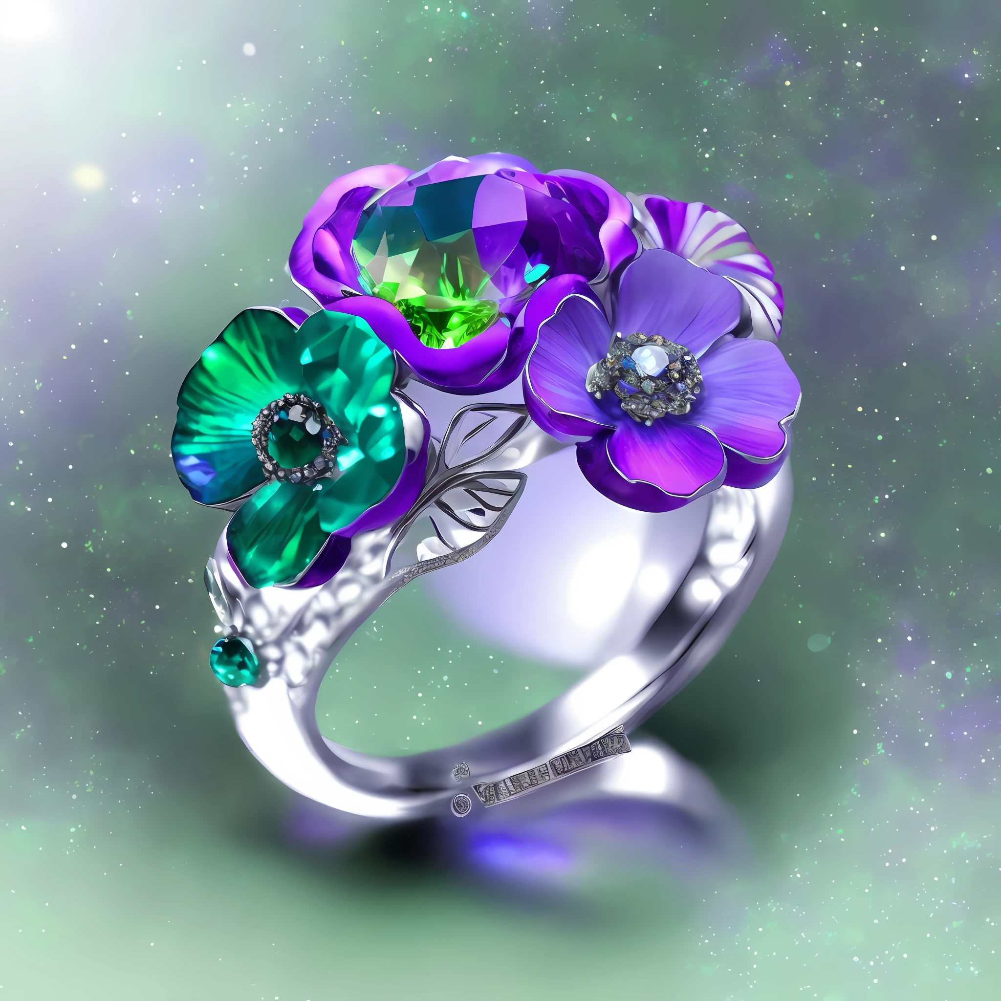 Close-up ring with purple and green flower, floral glitter, jewelry design with intricate etching, silver, green, blue, purple, inlaid with precious stones, richly decorated colored gemstones and crystals, ring, detailed jewelry, jewelry iridescent, cloisonné, very beautiful and elegant, beautiful design, detailed decorations, purple and blue-green colors, with colored colors, magic flash light,