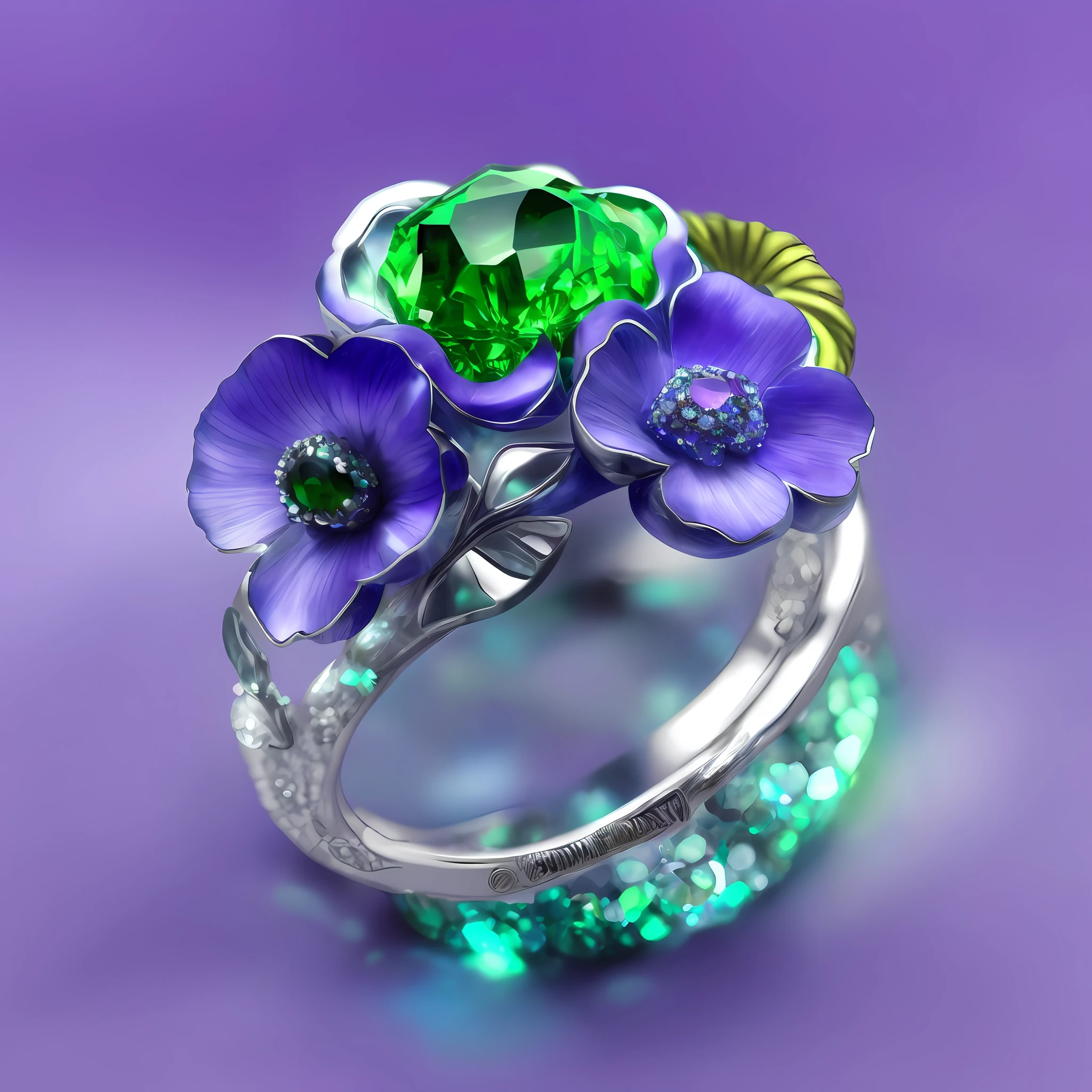 Close-up ring with purple and green flower, floral glitter, jewelry design with intricate etching, silver, green, blue, purple, inlaid with precious stones, richly decorated colored gemstones and crystals, ring, detailed jewelry, jewelry iridescent, cloisonné, very beautiful and elegant, beautiful design, detailed decorations, purple and blue-green colors, with colored colors, magic flash light,