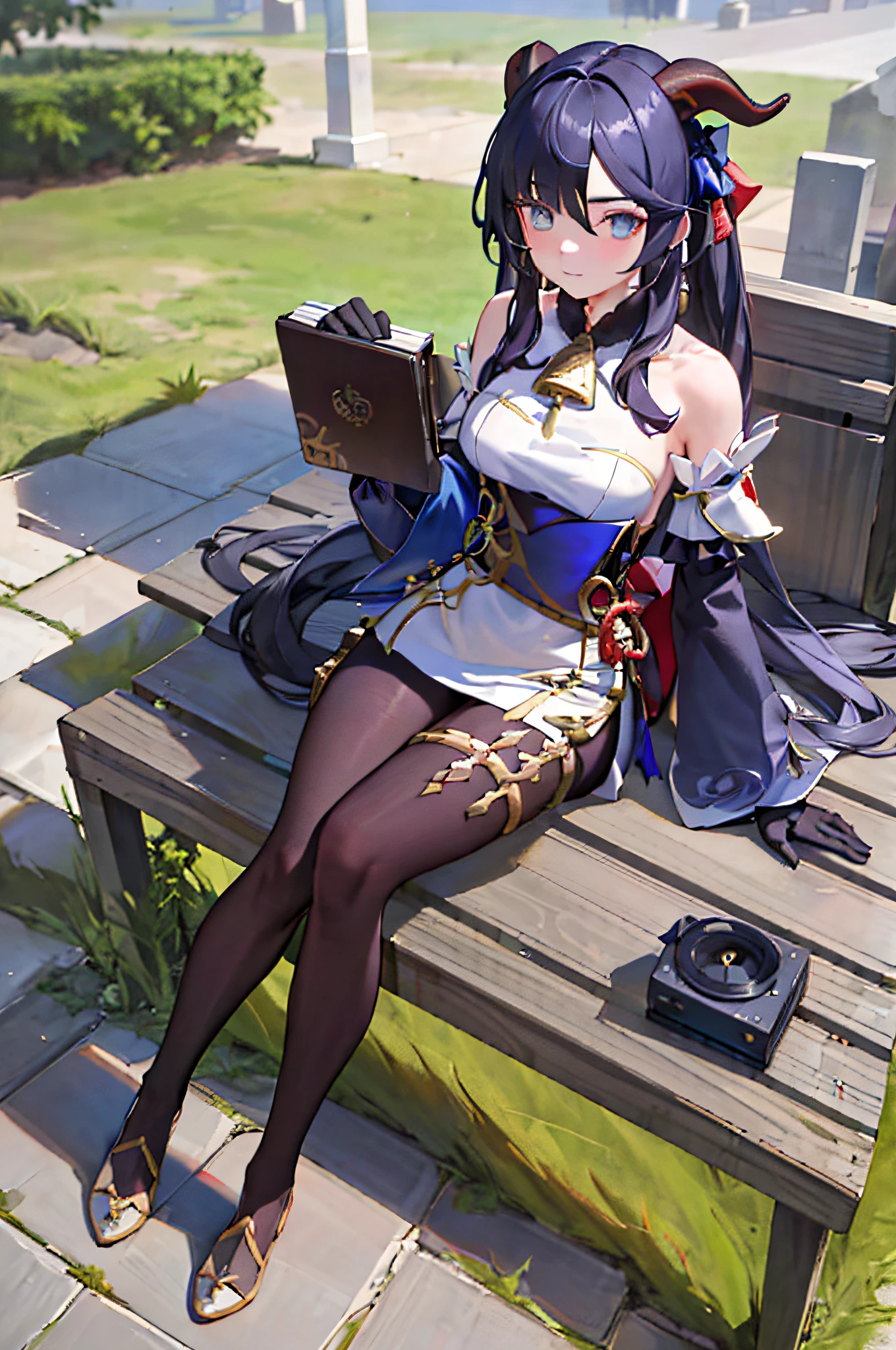 (photorealistic:1.4), (masterpiece, sidelighting, finely detailed beautiful eyes: 1.2), masterpiece*portrait, realistic, 3d face,
ganyu \(genshin impact\), 1girl, ahoge, architecture, bangs, bare shoulders, bell, black gloves, black pantyhose, (blue hair), blush, breasts, chinese knot, detached sleeves, flower knot, gloves, horns, long hair, looking at viewer, medium breasts, neck bell