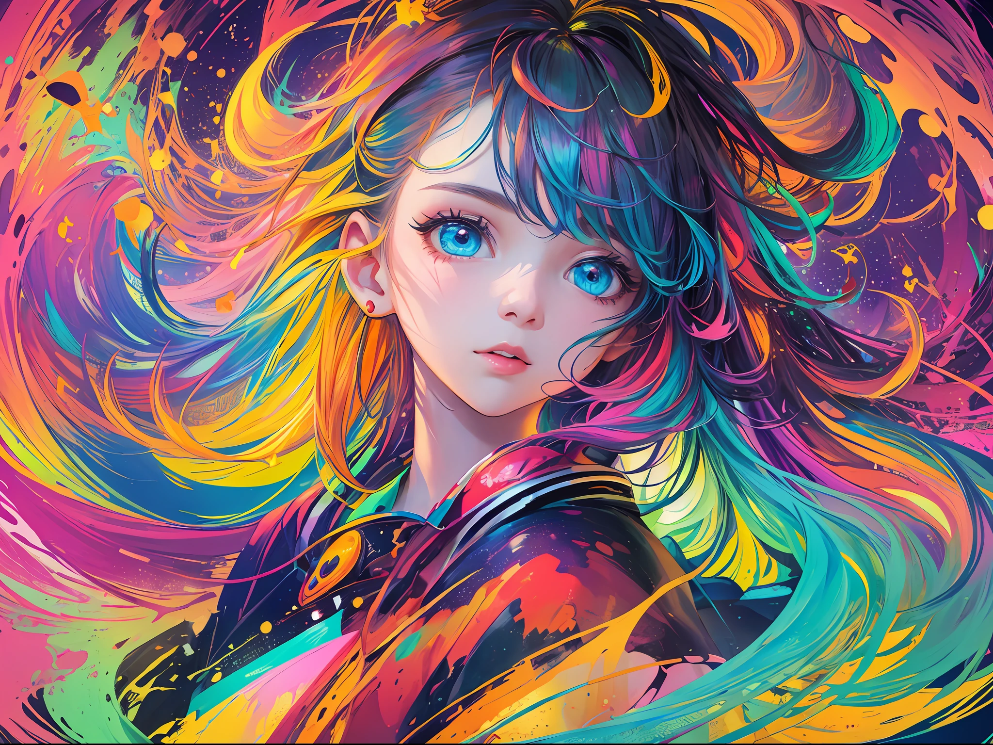 1girl, (masterpiece:1.2), colorful, vibrant color enviroment, colorful things around, floating, best quality, beautiful, vibrant abstract particle, absurdres