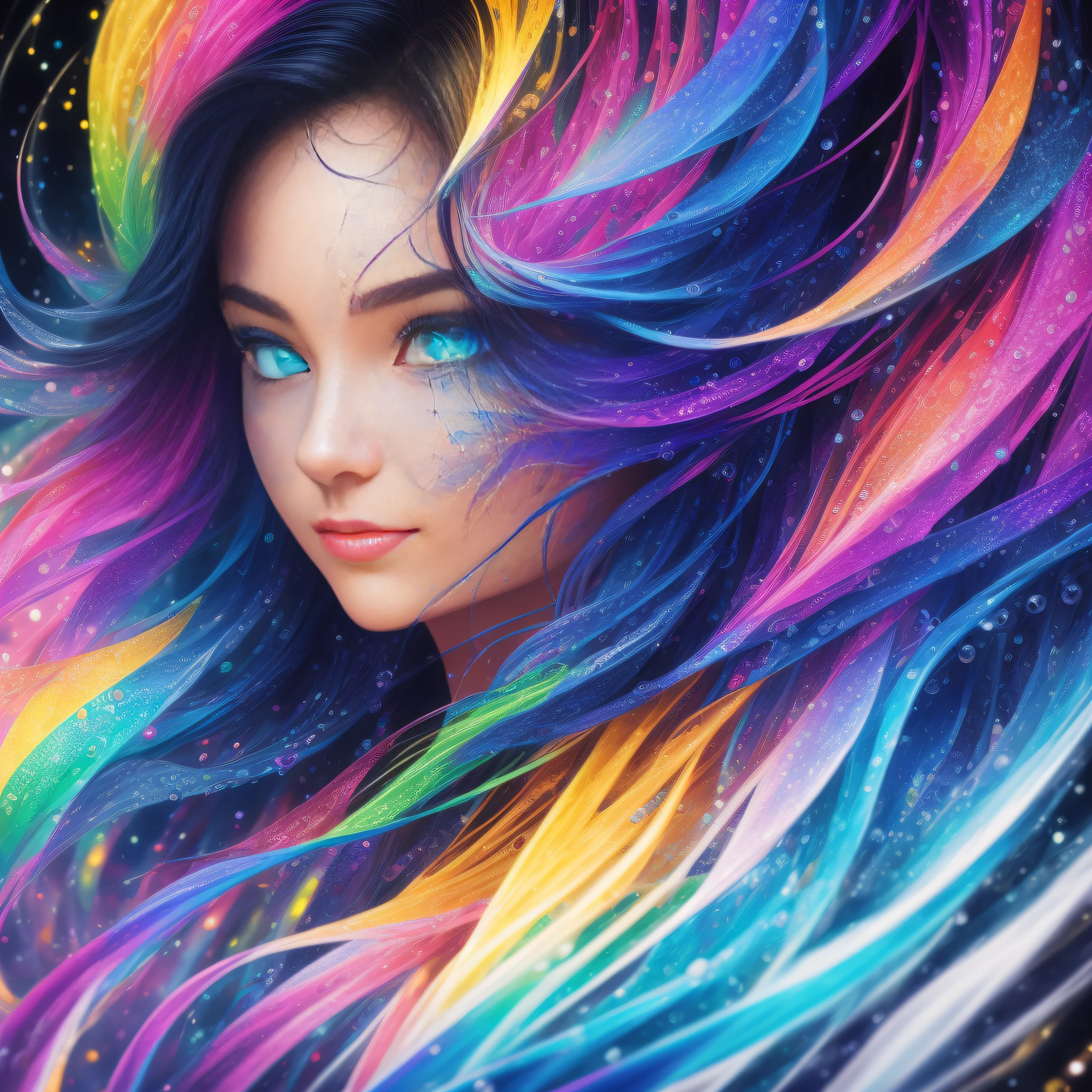 Capture the spirit of wind with liquid ink unfreezing into a whirlwind of pointilism, traversing a spectrum of multiple random colors, 4k concept art, extreme detail, intricate, luminescent glowing canvas, motion, dynamic, sharp glossy focus, create a perfect female face with intricate detail, ornate, best quality, masterpiece