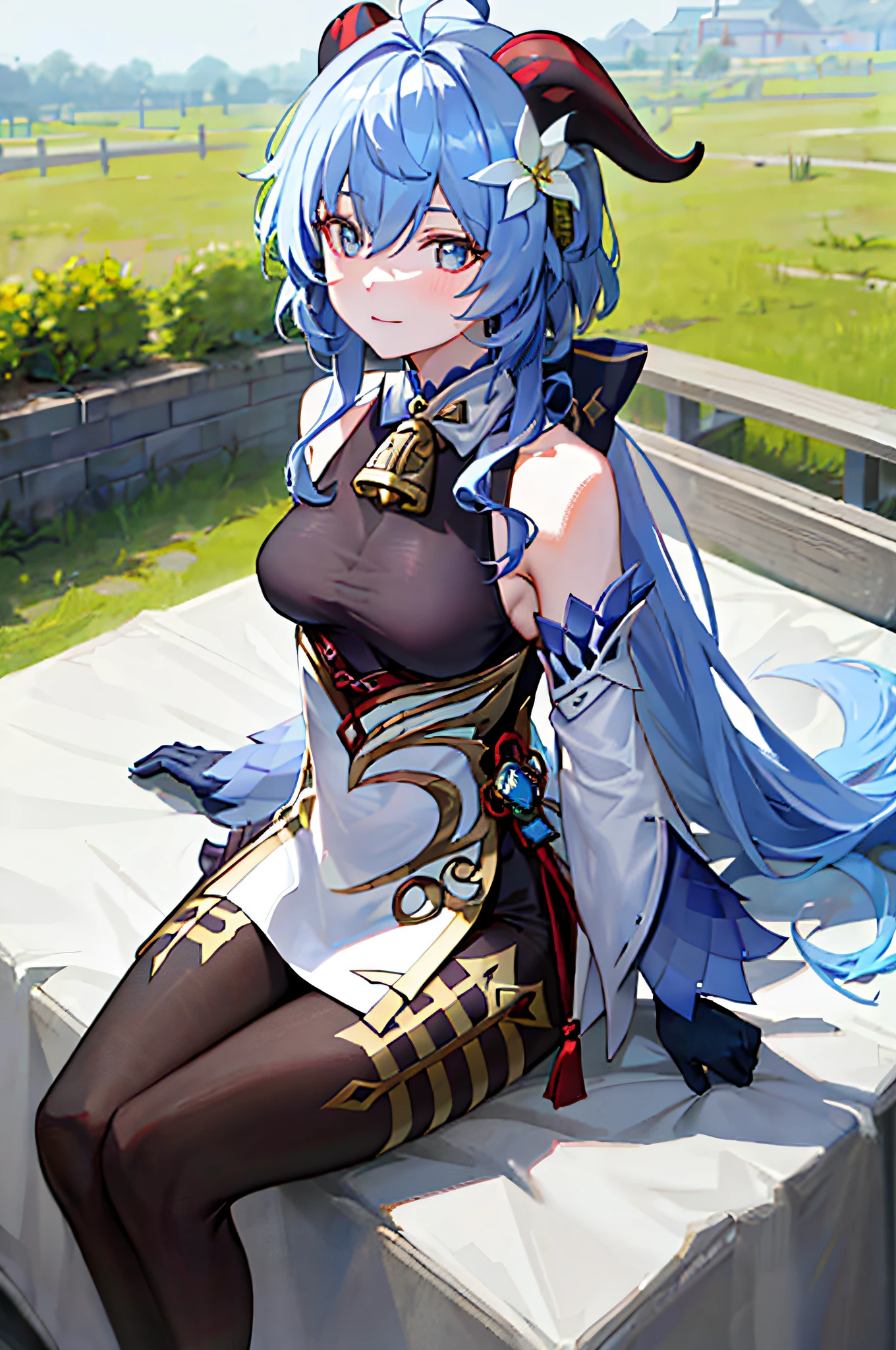 (photorealistic:1.4), (masterpiece, sidelighting, finely detailed beautiful eyes: 1.2), masterpiece*portrait, realistic, 3d face,
ganyu \(genshin impact\), 1girl, ahoge, architecture, bangs, bare shoulders, bell, black gloves, black pantyhose, (blue hair), blush, breasts, chinese knot, detached sleeves, flower knot, gloves, horns, long hair, looking at viewer, medium breasts, neck bell