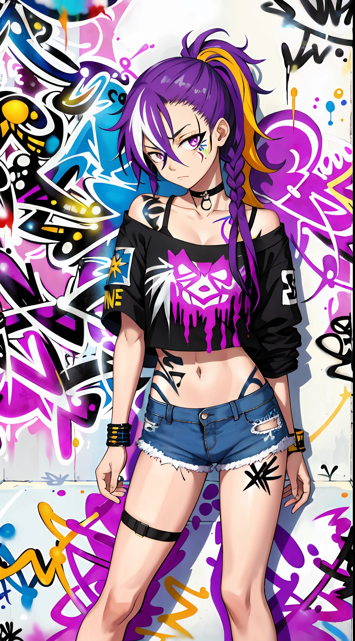 absurdres, best quality,1girl, solo, streaked hair, crop top, denim shorts, choker, (graffiti:1.5), paint splatter, arms behind back, (slouching), leaning back, against wall, (leaning to the side:0.25), looking at viewer, armband, thigh strap, streaked hair, paint on body, upturned eyes, head down, head tilt, (from side:0.75), bored, (expressionless:0.75)