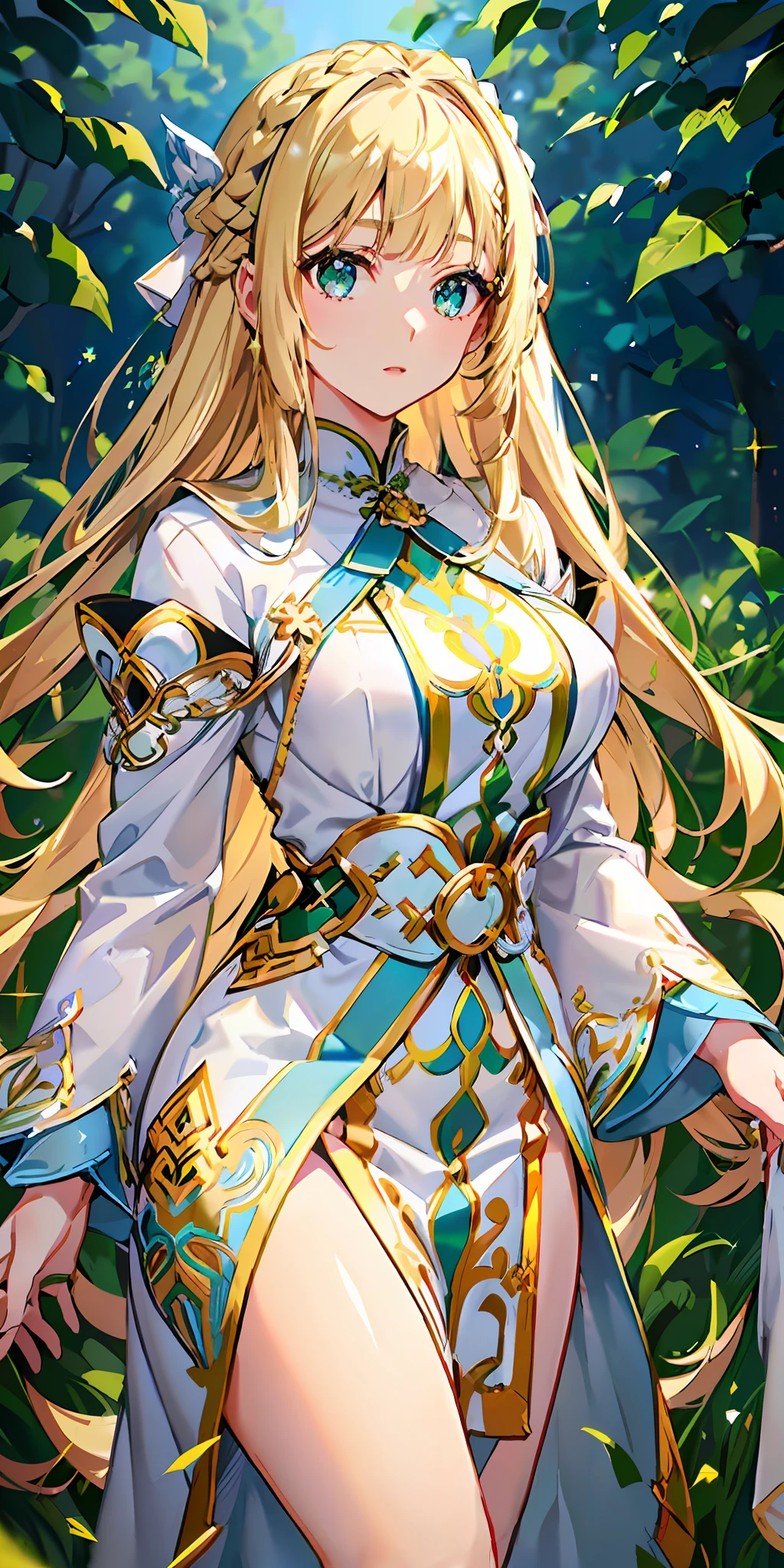 ((background meadow and blue sky)), hairstyle long straight, hair waist-length, ((no hair ornaments)), hair is not , ((((glittering blonde hair)))), eye color is green green, rounded face, (((bright expression)), large breasts chubby: 0.85, white cheongsam style, ((white fantasy robe)), gold decorations are attached to clothes,