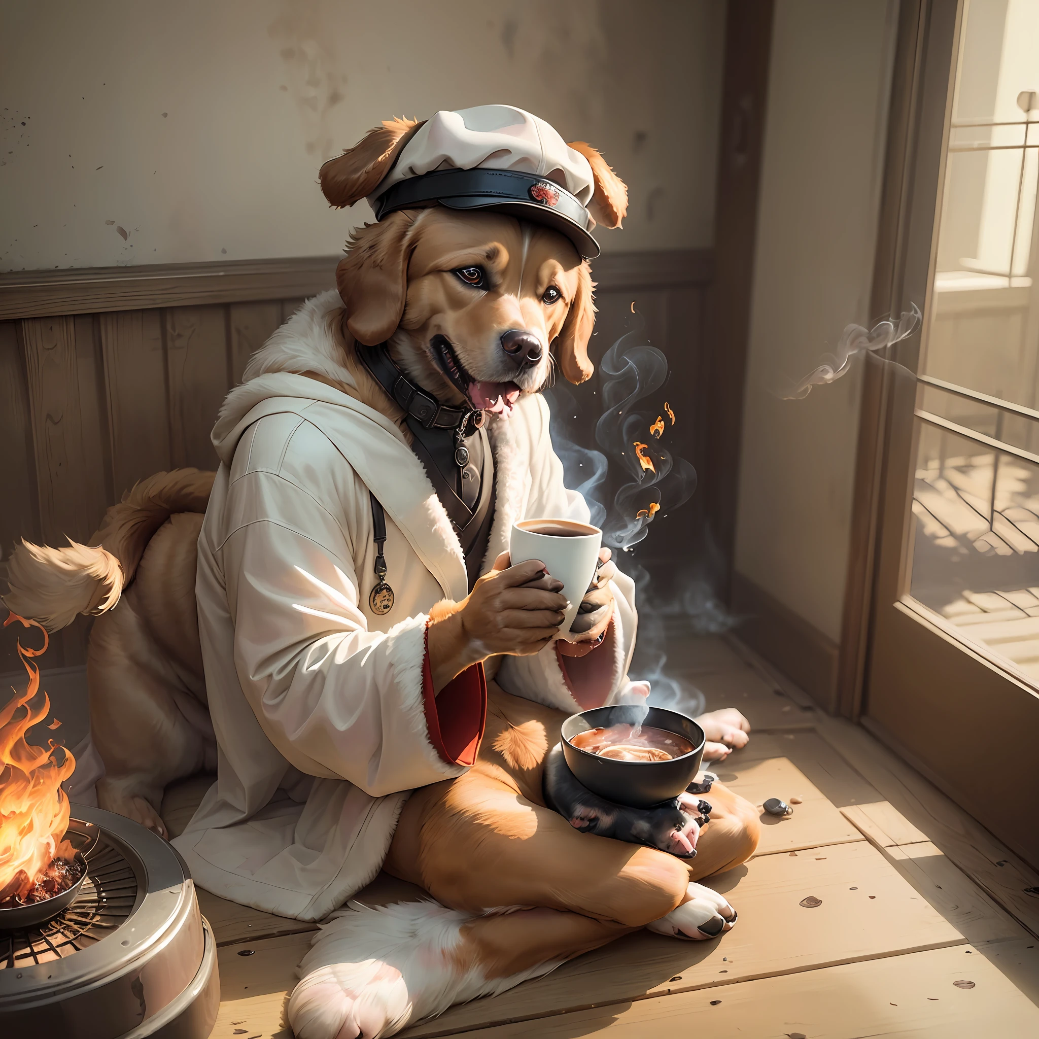 (best quality:1.23), (masterpiece:1.12), (realistic:1.24), (anthropomorphic dog:1.5) holding a coffee cup, sitting, in a robe, eating breakfast and holding a coffee cup, hat, particles, volumetric lighting, room burn down, ground and chair on fire, lots of gadgets and equipment on fire, smoke, (flames all around:1.2), --auto --s2