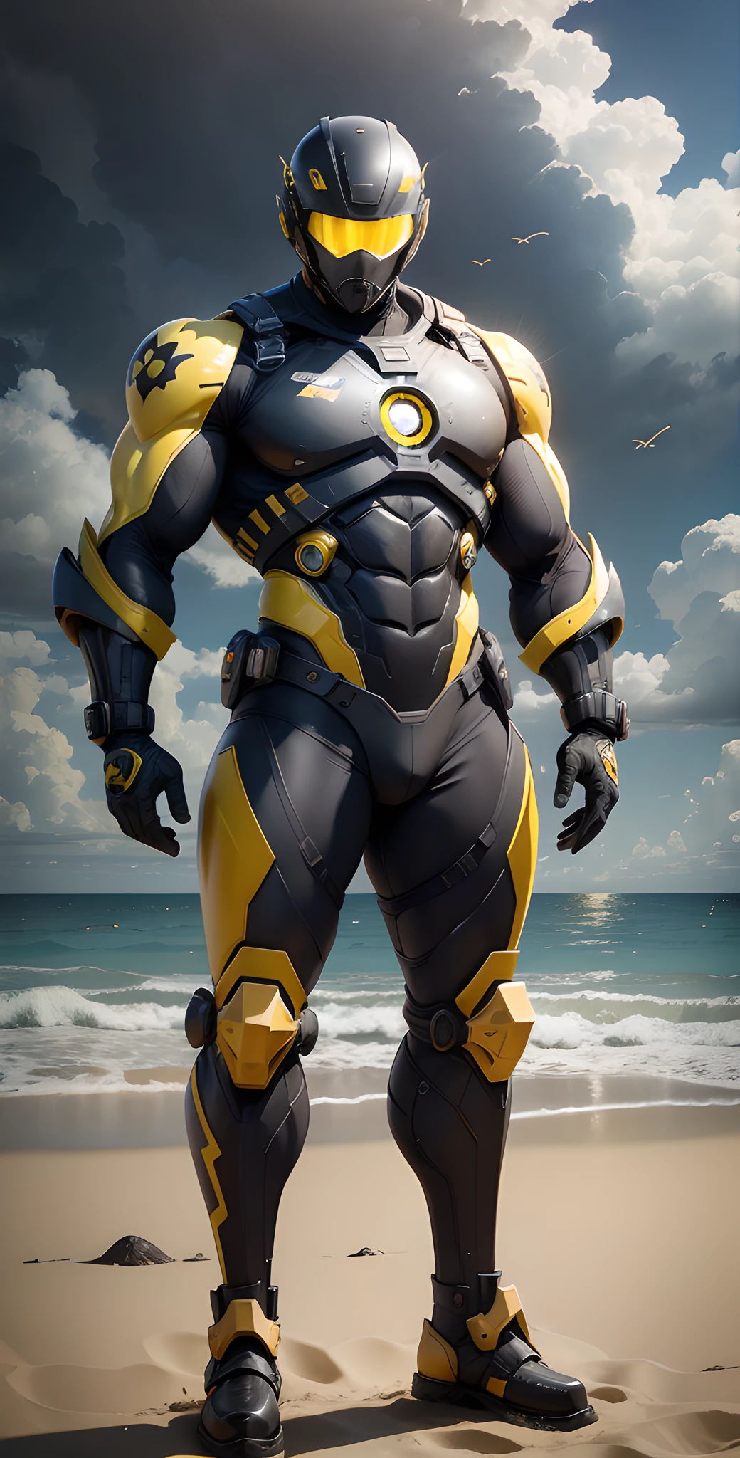Man in yellow and black clothes standing on the sunny beach, muscular man, American round inch, Buzz cut, muscular! Wearing a cool mechanical helmet, round head Buzz Cut, stealth suit, symmetrical floral texture design, optimal picture quality and resolution, character design special forces, black military boots, attractive strong men and armor, weaving sunlight through the clouds