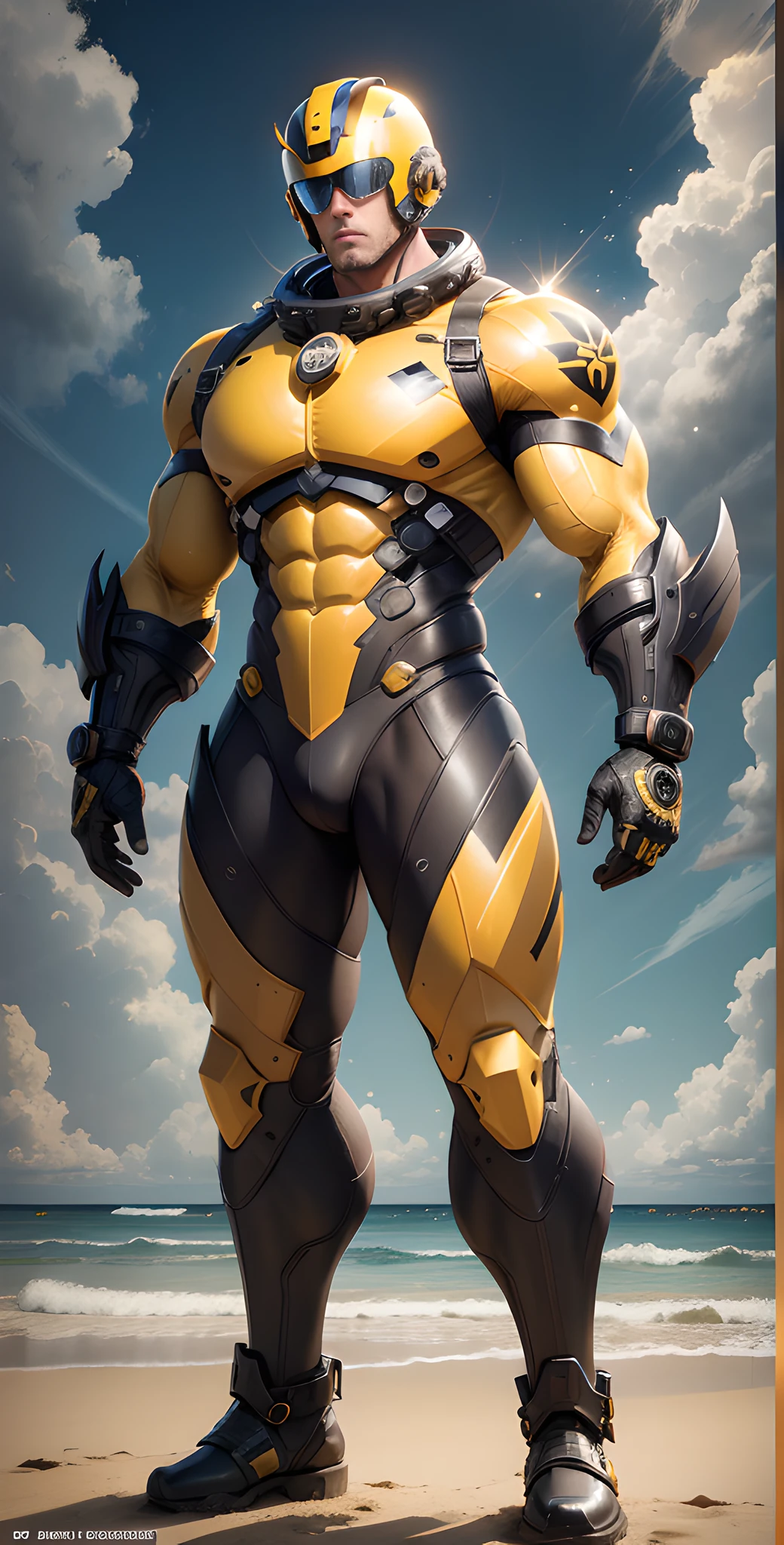 Man in yellow and black clothes standing on the sunny beach, muscular man, American round inch, Buzz cut, muscular! Wearing a cool mechanical helmet, round head Buzz Cut, stealth suit, symmetrical floral texture design, optimal picture quality and resolution, character design special forces, black military boots, attractive strong men and armor, weaving sunlight through the clouds