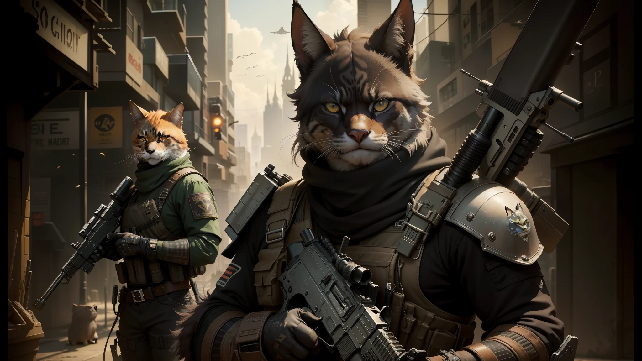 araffe with a gun and a cat in a city, cgsociety uhd 4k highly detailed, steelpunk, cowboy cats, made in 2019, fox people, imperium, disney weta 8 k, tactical squads :9, ron perlman, pinterest 4 k, cinematográfica --auto --s2