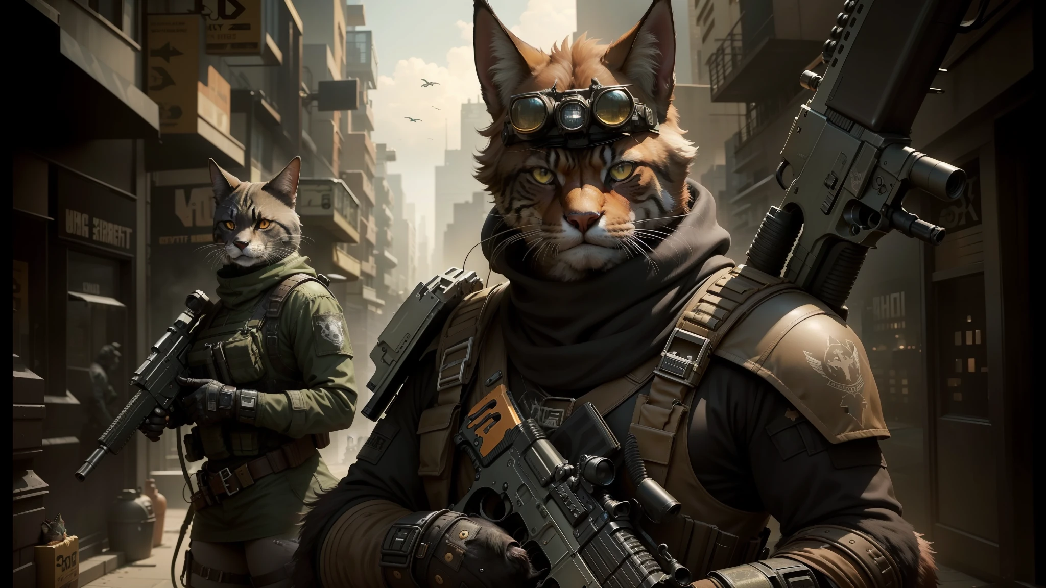 araffe with a gun and a cat in a city, cgsociety uhd 4k highly detailed, steelpunk, cowboy cats, made in 2019, fox people, imperium, disney weta 8 k, tactical squads :9, ron perlman, pinterest 4 k, cinematográfica --auto --s2
