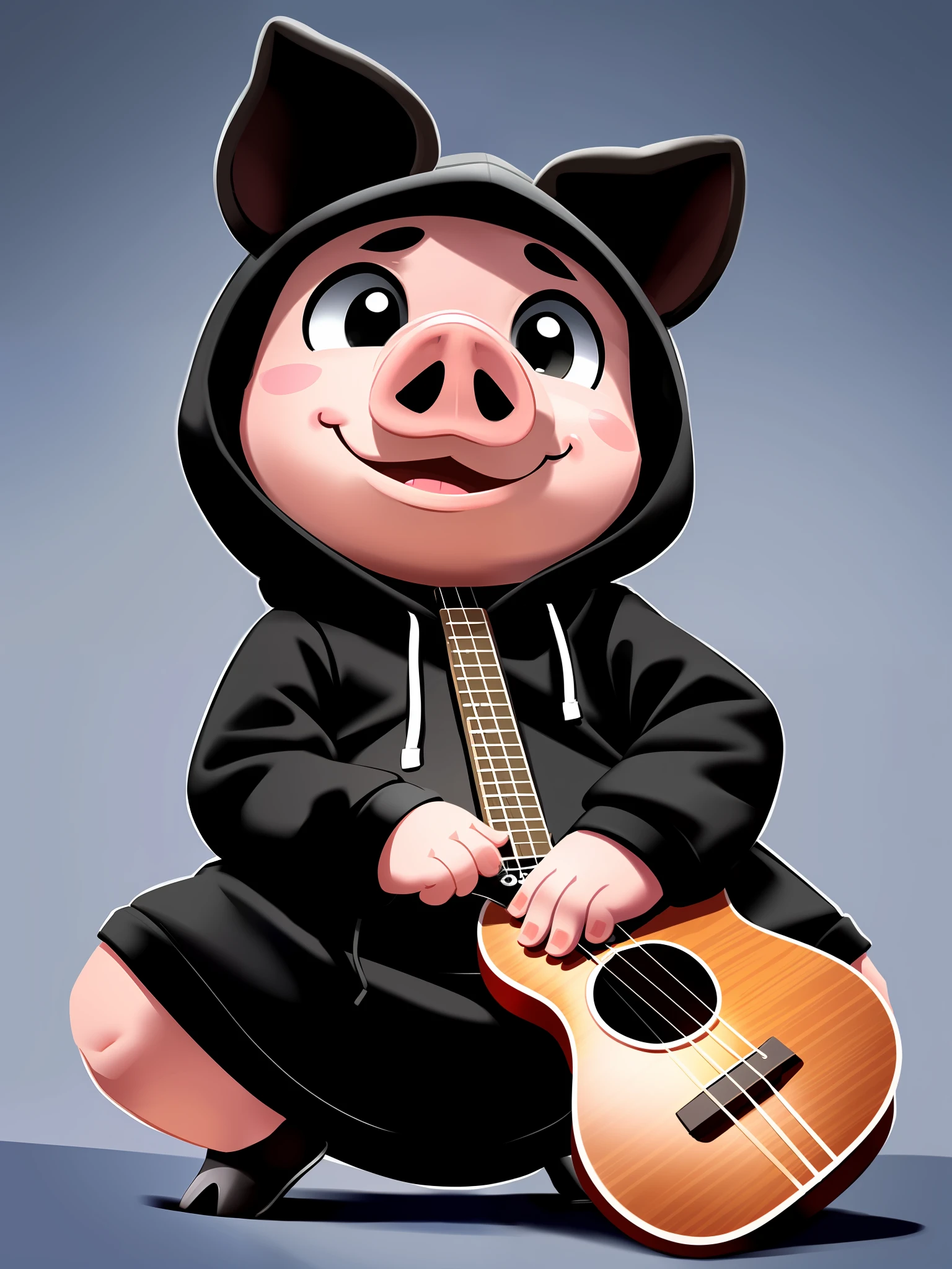 8K,Solo Pig, Tight Black Hoodie Outfit, Playing Ukulele,Looking Up Perspective, Cute Illustration,Squatting, Low Angle,Background Color Blue