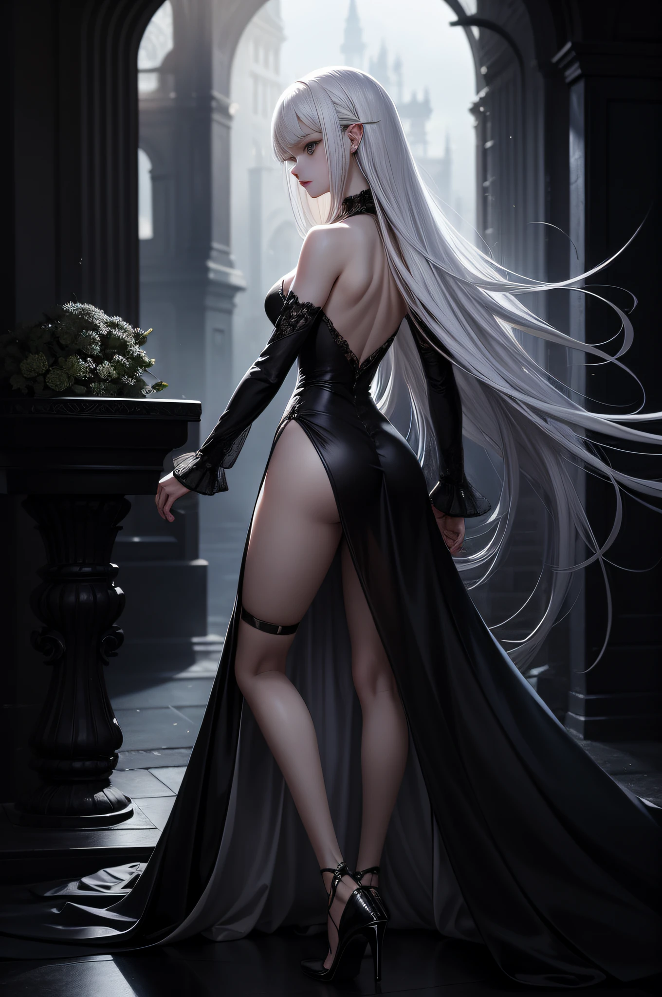 FS, an albino girl with perfect 10 features and long black Rapunzel-like hair, stands in a picturesque Avatar-like scene. Her body is graceful with a petite bust and slender legs. The girl looks stunning in a sheer organza dress with intricate designs. Her high-heeled shoes are elegant with golden patterns. The sunlight creates a subtle silhouette around her contours from the back, while soft and filling light illuminates her from the front. This scene has photorealistic qualities and is a concept art that creates a wow effect of:2. It can be found on the website 500px with hyper-superior details