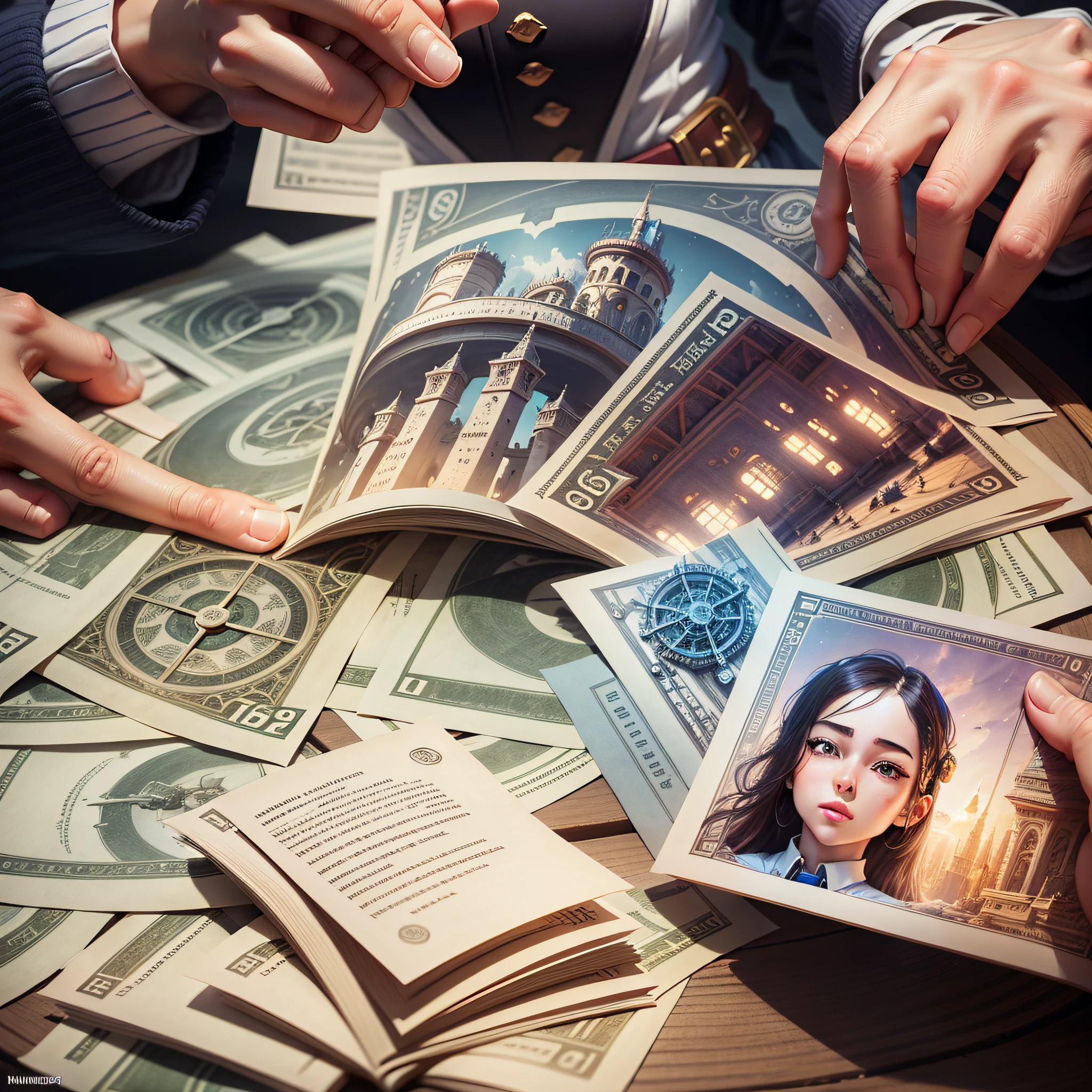 in magical tower, Smart young human engineer, An expression of surprise, Amazing discoveries were made, Trade, Huge wealth earned by engineers, Huge banknotes, A large number of banknotes are placed on the table, Ride money --ar 16:9 --auto --s2