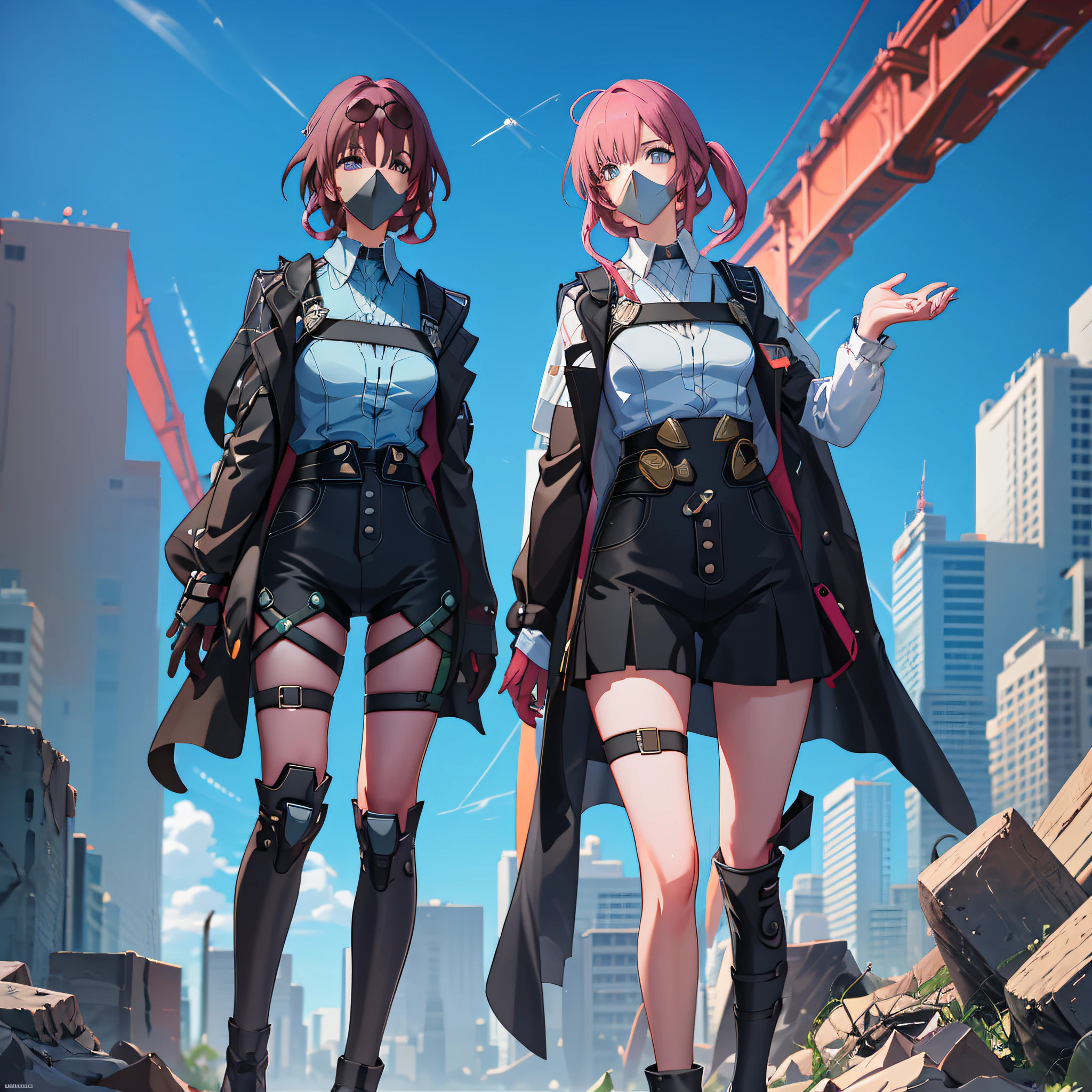 Post-apocalypse, wanderers, gas masks, life-saving gear, soft lights, explosions in the distance,