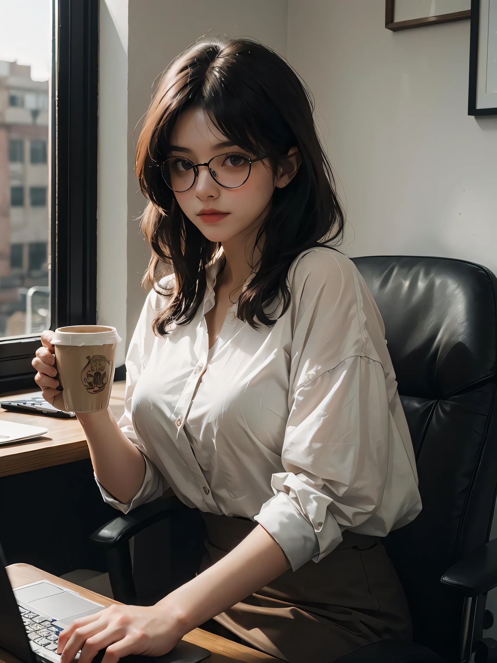 Whispers of Nature, Alphonse Mucha, Gustav Klimt, elegant figures, organic motifs by Antoni Gaud, Ren Lalique,
1girl,solo,glasses,professional attire, black hair, brown eyes, office setting, laptop, multitasking, busy schedule, coffee mug, deadline,(sfw:0.85),breasts,
(Playful body language, smoldering expression, discreetly suggestive, captivating charm:0.9)