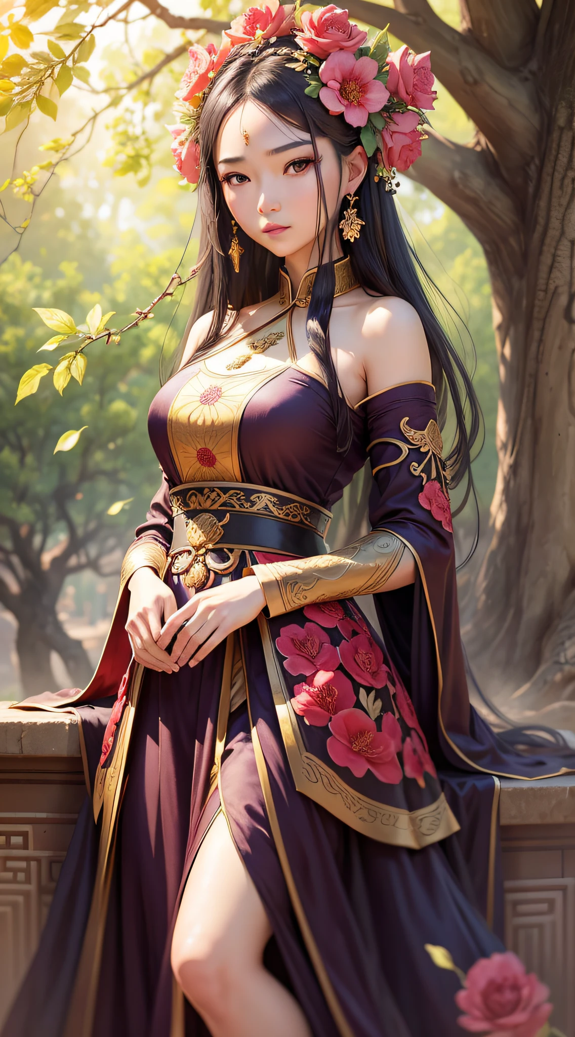 A beautiful girl in ancient China, mysterious temperament, gorgeous long dress, huge pomegranate tree, pomegranate flowers, standing under the tree, sunlight, clear face, masterpiece, super detailed, epic composition, high quality, highest quality , 4k --auto --v 6 --s2