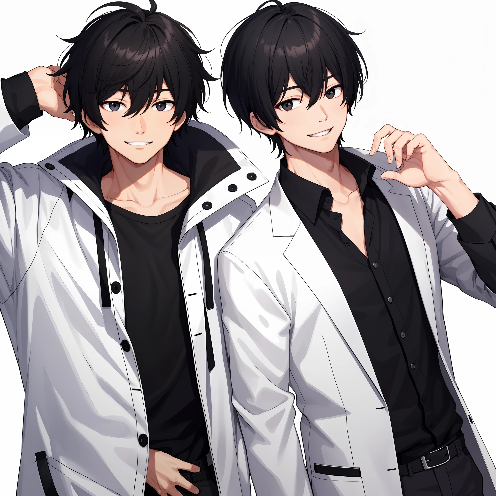 1 boy, black hair, black eyes, black shirt, white coat, straight hair, bangs, hair between eyes, slighly smile, handsome, black hair, white skin, collarbone, HD, short hair