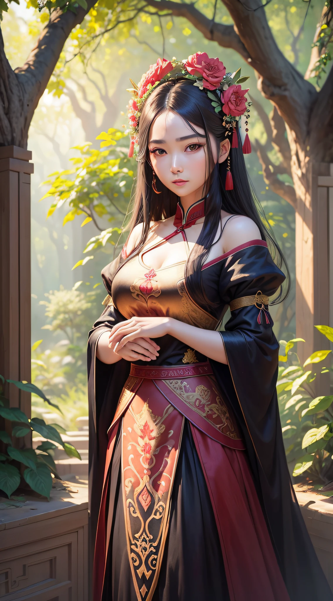 A beautiful girl in ancient China, mysterious temperament, gorgeous long dress, huge pomegranate tree, pomegranate flowers, standing under the tree, sunlight, clear face, masterpiece, super detailed, epic composition, high quality, highest quality , 4k --auto --v 6 --s2
