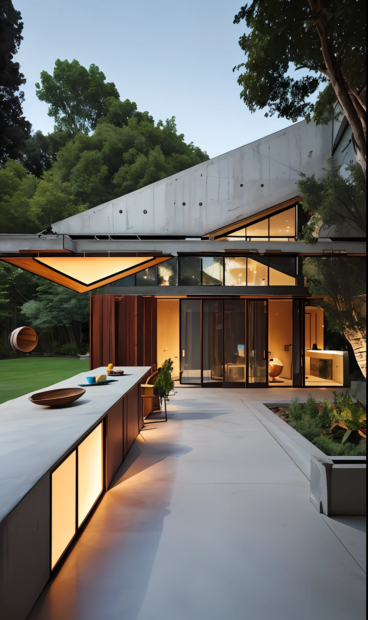 concrete house, wooden chair, dining, wooden beam, concrete floor, marble counter, big window, over cast lighting