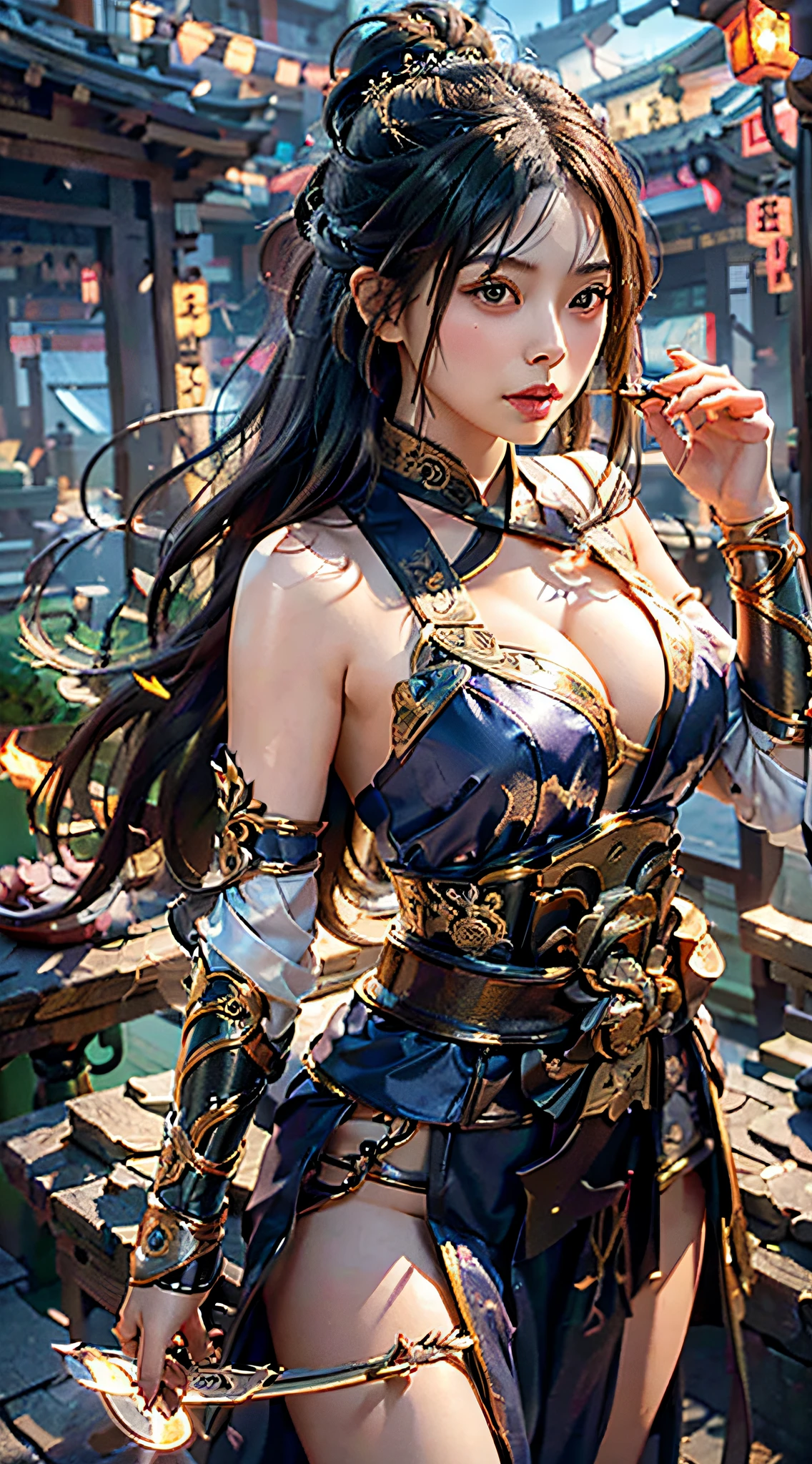 Best quality,masterpiece,ultra high res,(photorealistic:1.4),xiuxian,weapon,Detailed face,
1girl,solo,weapon,cleavage,(magic circle:1.2),xiuxian,upper body,Beautiful girl,full body,east asian architecture,sheath,architecture,