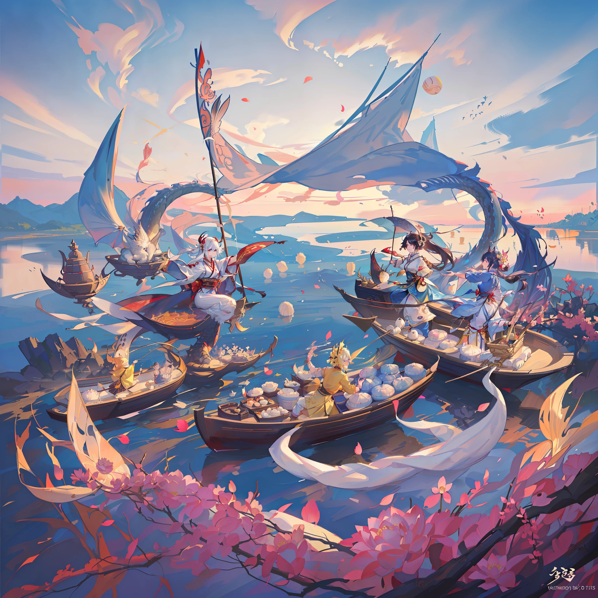 Dragon Boat Festival, traditional culture, ancient customs, dragon boat racing, colorful streamers, auspicious dragon dance, mellow rice dumplings, poetry and song, joyful atmosphere, bright sun, blue sky and white clouds, lotus pond, music like a tide.