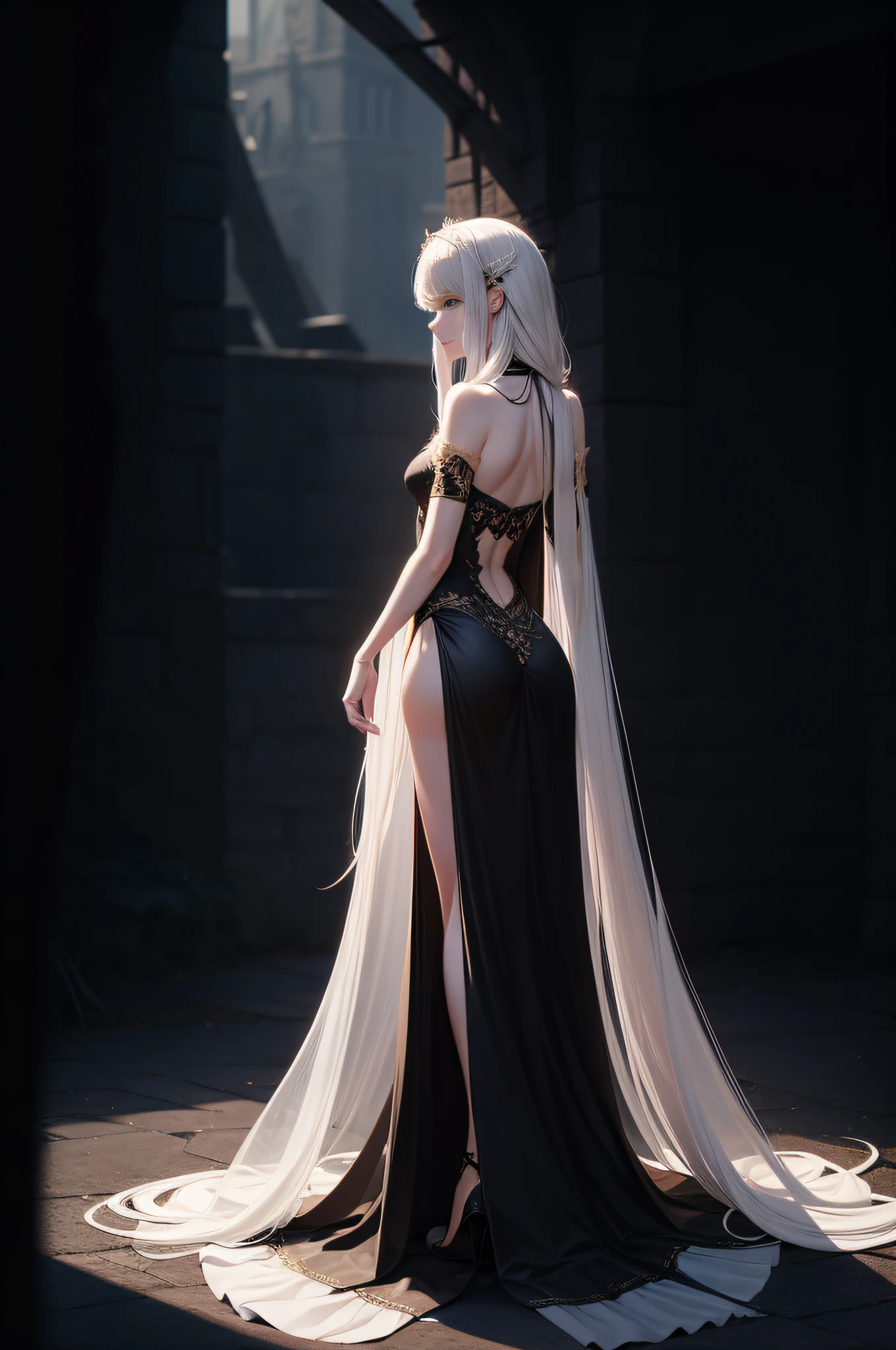 FS, an albino girl with perfect 10 features and long black Rapunzel-like hair, stands in a picturesque Avatar-like scene. Her body is graceful with a petite bust and slender legs. The girl looks stunning in a sheer organza dress with intricate designs. Her high-heeled shoes are elegant with golden patterns. The sunlight creates a subtle silhouette around her contours from the back, while soft and filling light illuminates her from the front. This scene has photorealistic qualities and is a concept art that creates a wow effect of:2. It can be found on the website 500px with hyper-superior details