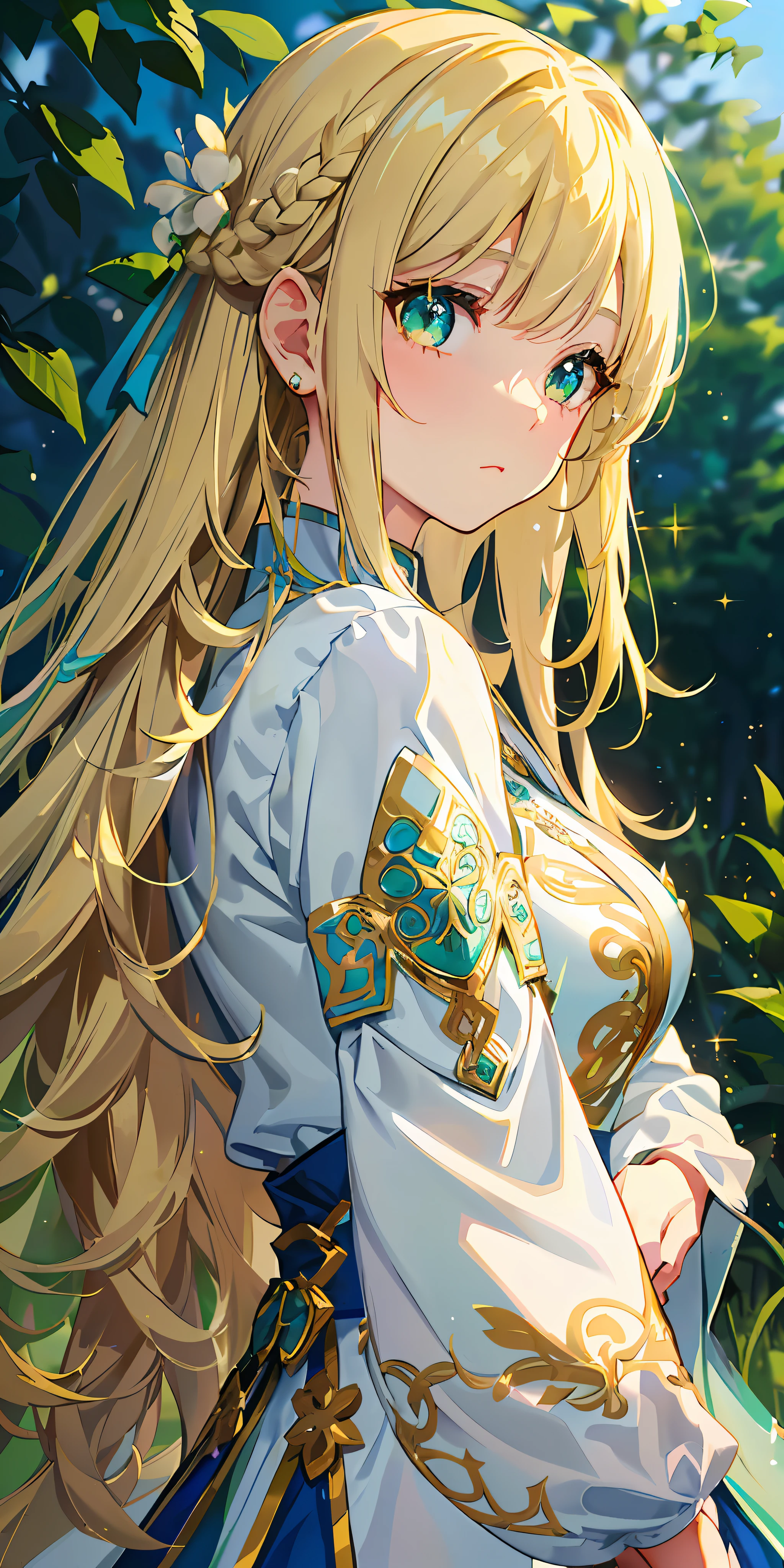 ((background meadow and blue sky)), hairstyle long straight, hair waist-length, ((no hair ornaments)), hair is not tied up, ((((glittering blonde hair)))), eye color is green green, rounded face, (((bright expression)), large breasts: 0.80, chubby: 0.85, white cheongsam style, ((white fantasy robe)), gold decorations are attached to clothes,