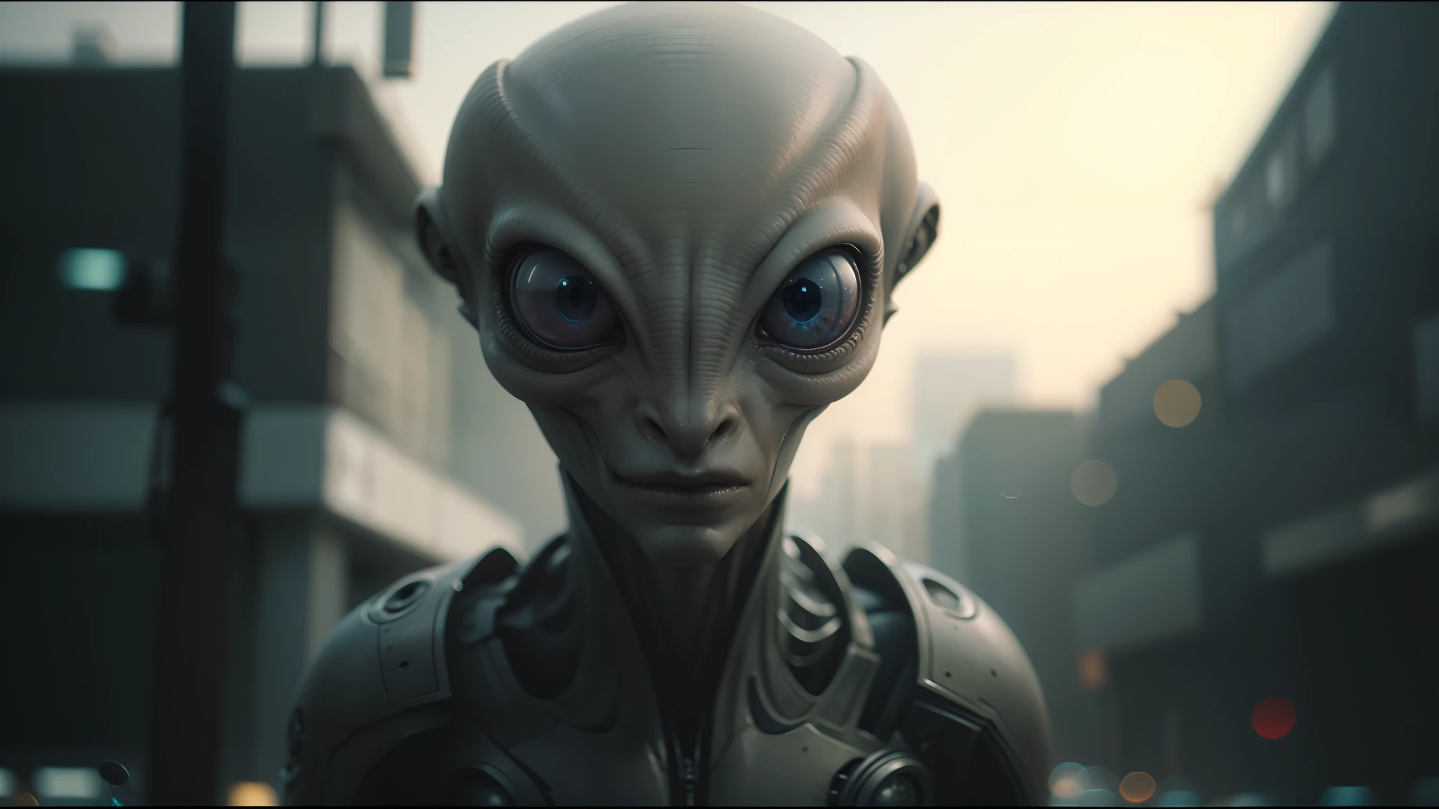 alien looking at camera with head and eyes in urban setting, highly detailed barlowe 8 k, atom, by Eglon van der Neer, anamorphic lenses. high quality, gray alien, cute little creature, still from riverdale, american gods, interconnected human lifeforms, vril --auto --s2