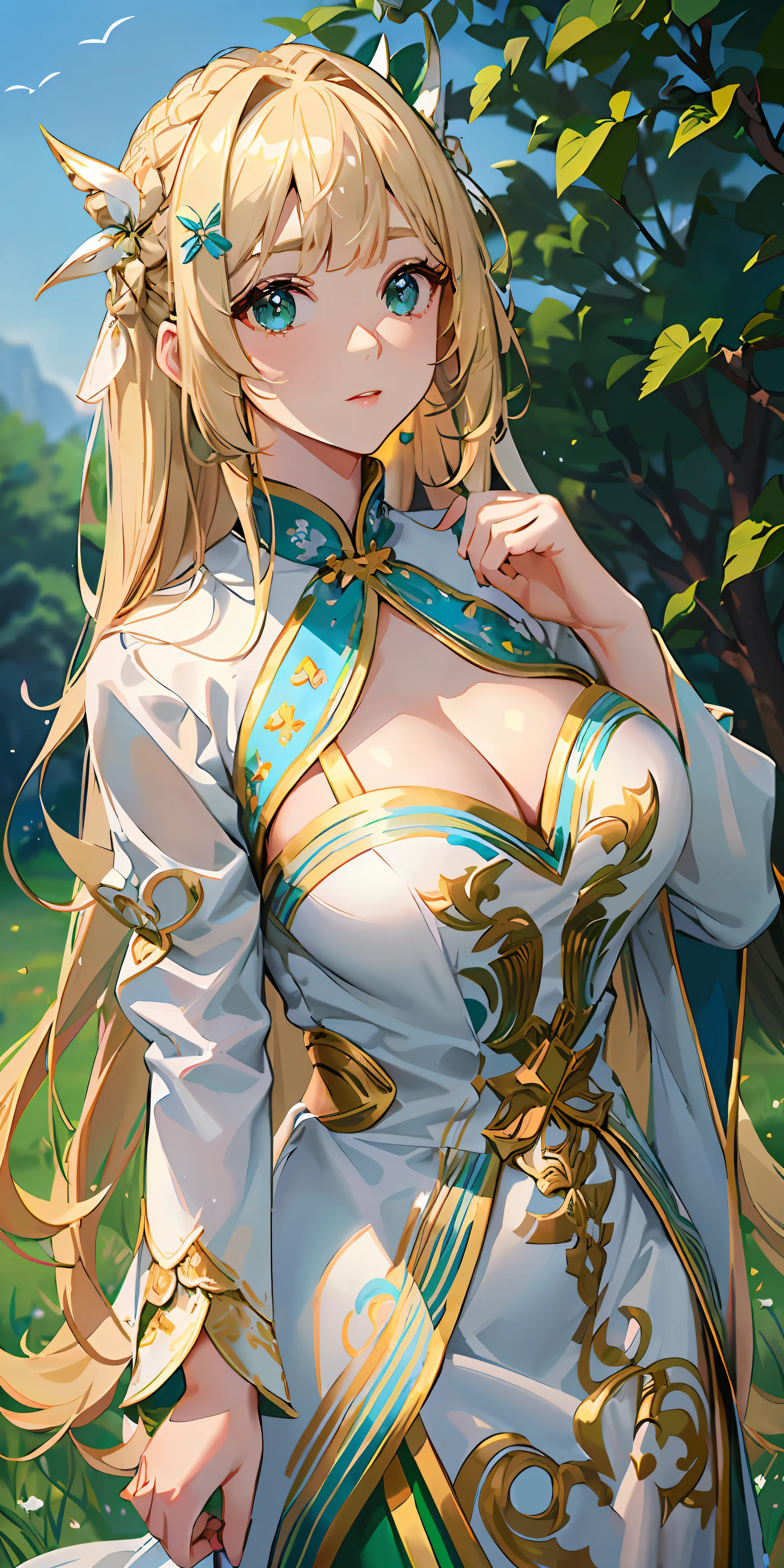 ((background meadow and blue sky)), hairstyle long straight, hair waist-length, ((no hair ornaments)), hair is not tied up, ((((glittering blonde hair)))), eye color is green green, rounded face, (((bright expression)), large breasts: 0.80, chubby: 0.85, white cheongsam style, ((white fantasy robe)), gold decorations are attached to clothes,