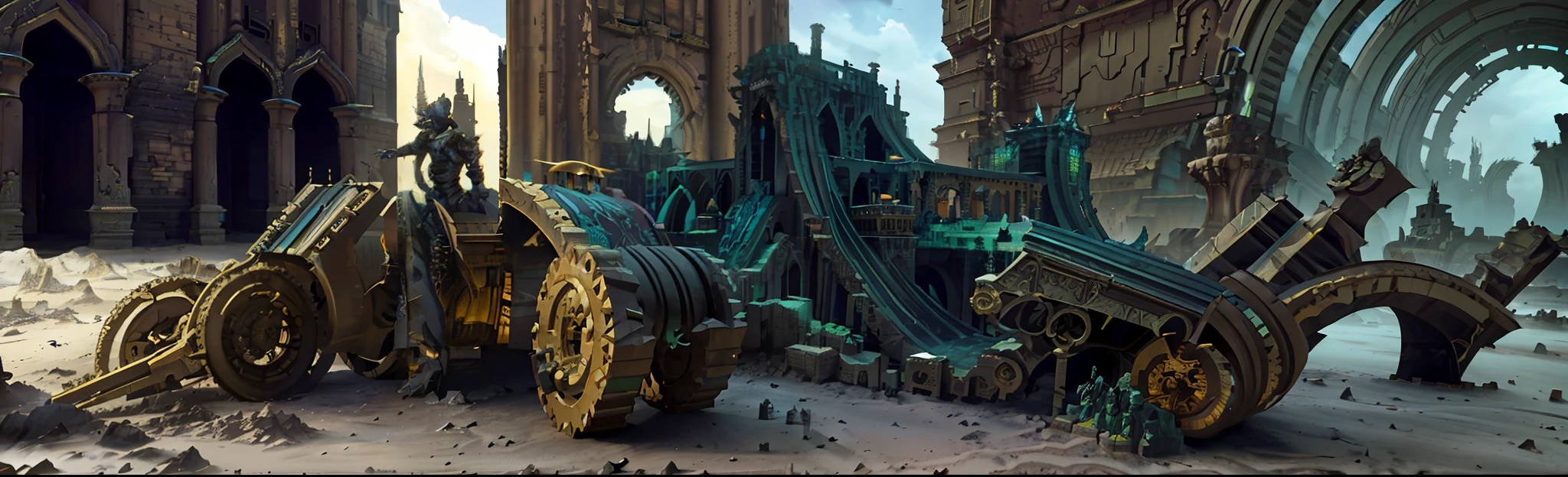 There are Fallen Kingdom Ruins, Robot City Ruins, Ornate City Ruins, Ancient Biomechanical Temple, 3D Render & Matte Painting, Extravagant Matte Painting, Complex Matte Painting, Album Cover, Magic & Steam - Punk Inspired, Hyper-Detailed 3D Matte Painting, City Ruins Background, Hyper-Detailed 3D Matte Painting