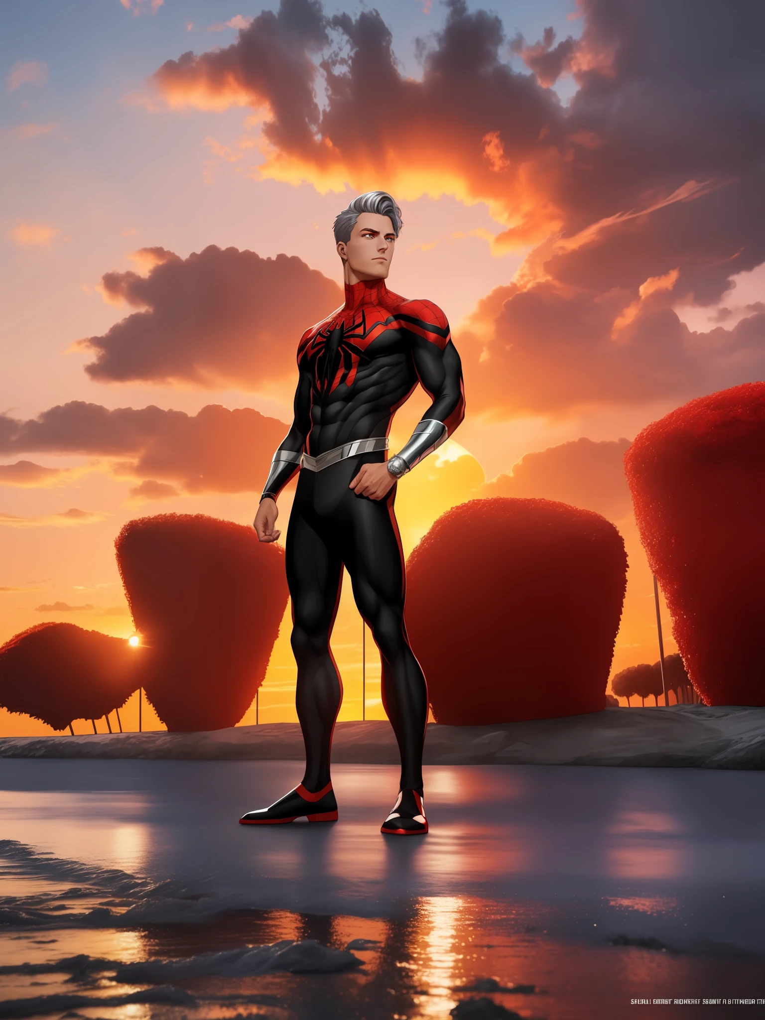 (((full body of male supspr))), (((silver bracelets))), (((sharp fingers))), a spider - man in a red and black suit, (((looking at the sunset))), 8k, unreal engine, octane render, by seunghee lee, Chocofing R, seungho lee, trending on pixiv, fanbox, skeb, masterpiece, smooth soft skin, big dreamy eyes, beautiful intricate colored hair, symmetrical, anime wide eyes, soft lighting, concept art, digital painting,