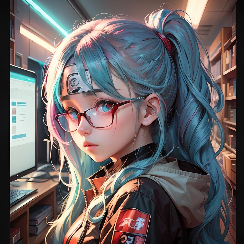 anime girl with glasses and long hair in front of a colorful background, anime visual of a cute girl, anime style. 8k, pin on anime, anime vibes, anime style 4 k, anime moe artstyle, anime aesthetic, anime girl desktop background, anime visuals, anime girl with teal hair, ethereal anime, anime girl with long hair, beautiful anime portrait , anime , naruto, naruto anime, sharingan background, night time, dark , sharingan --auto --s2