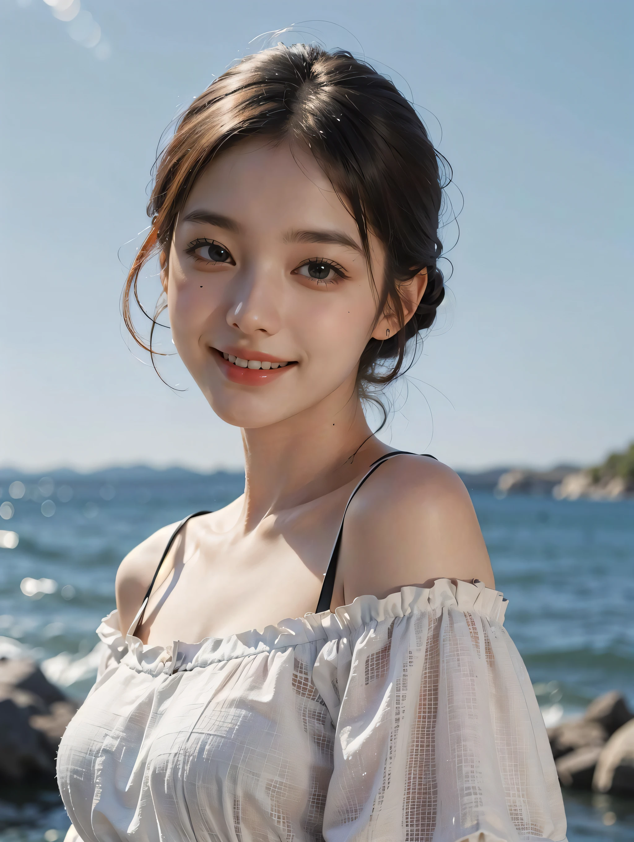 1girl, offshoulder, light smile, shiny skin
best quality, masterpiece, (photorealistic:1.4)