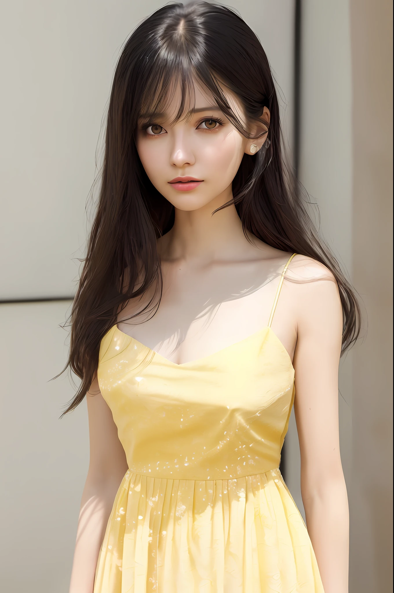 Realistic, textured skin, {best quality}, {highres}, beautiful and charming girl, 25 years old, focused, mature and delicate face, slim and charming body, delicate and charming collarbone, shoulder-length messy hair, black hair, lively big eyes, peach blossom sheet, (light yellow dress), standing on the roof, bright background