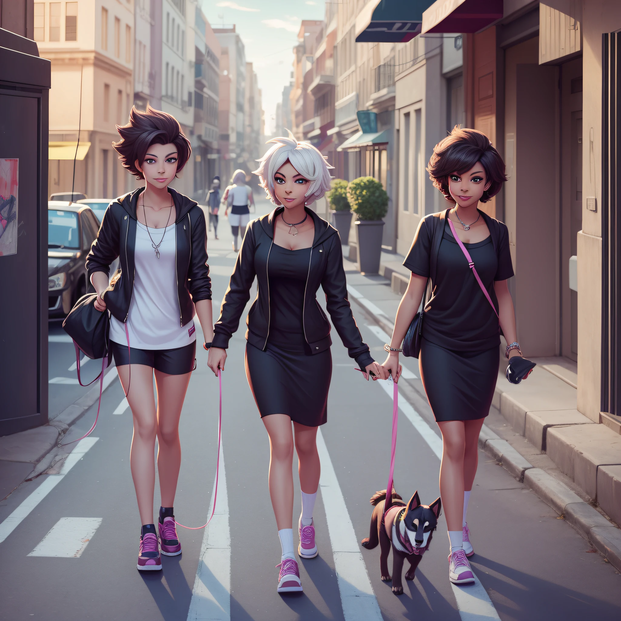 a woman walking her dog on the street, art by Dreemurr Pooper