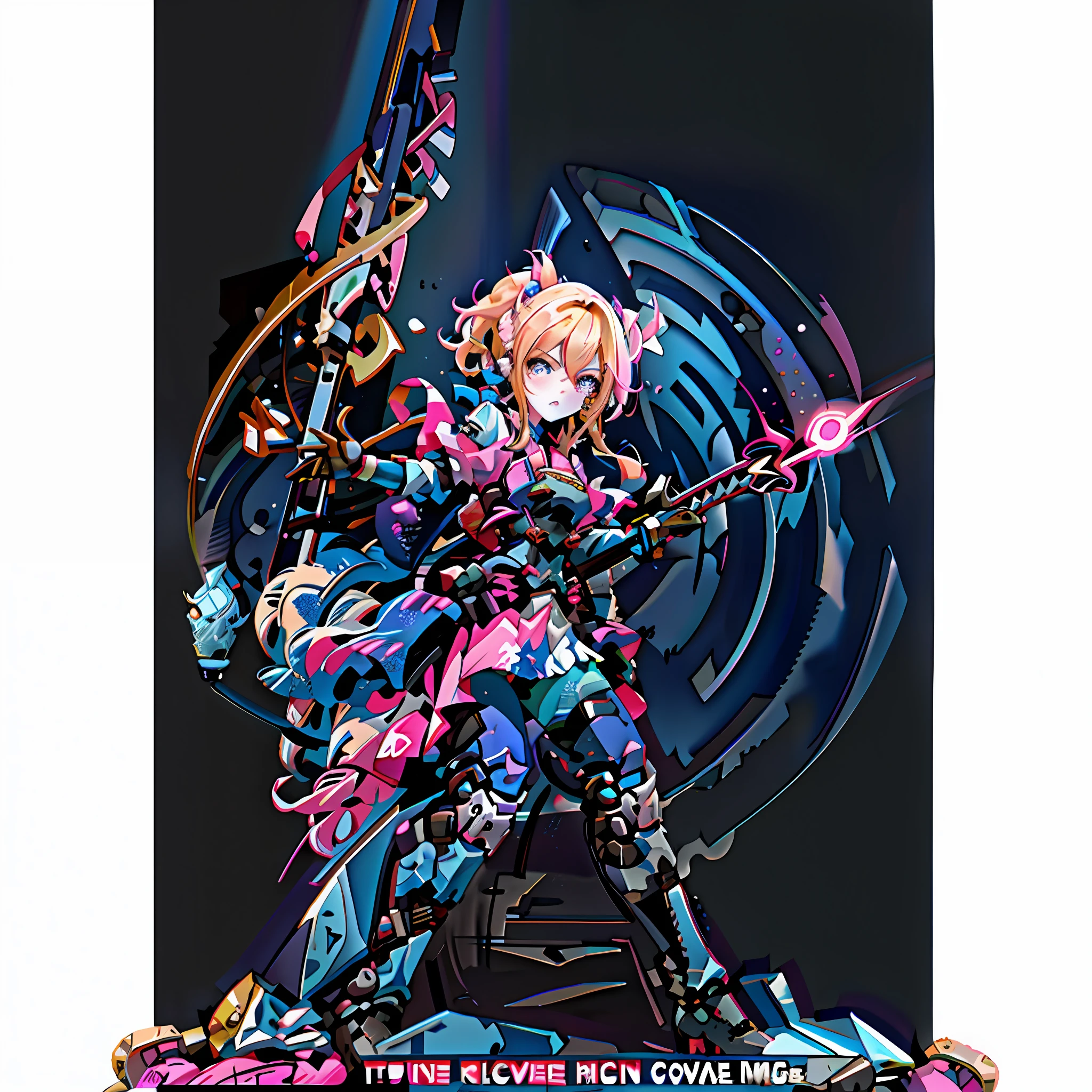 Holding pink blue and black electric guitar playing, blonde hair color, blonde and blue headset, blue and pink singing costume, Japanese singing costume, puffy short skirt, bare legs, booties, Japanese beautiful girl, vitality lively girl, anime girl, little idol, idol, stage performance, cute loli, detailed image, super super detail, super super dynamic dynamic pose, dynamic action pose