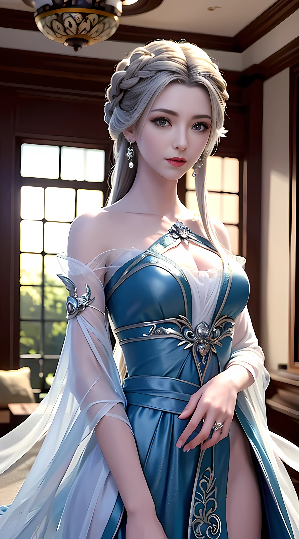 Best Quality, Masterpiece: 1.4), Ultra High Resolution, Realistic, Front Lighting, Intricate Details, Delicate Details and Textures, 1girl, Solo, (Young), Facial Highlight, Upper Body, Detail Face, Tear Mole, White Skin, Silver Hair, Ponytail, Braid, Looking at the Audience, Big Eyes, (Openwork Pattern, Black, Silk), Earrings, , Slim Figure, Deluxe Room, Professional Lighting, Photon Mapping, Teleportion, Physically Based Rendering,