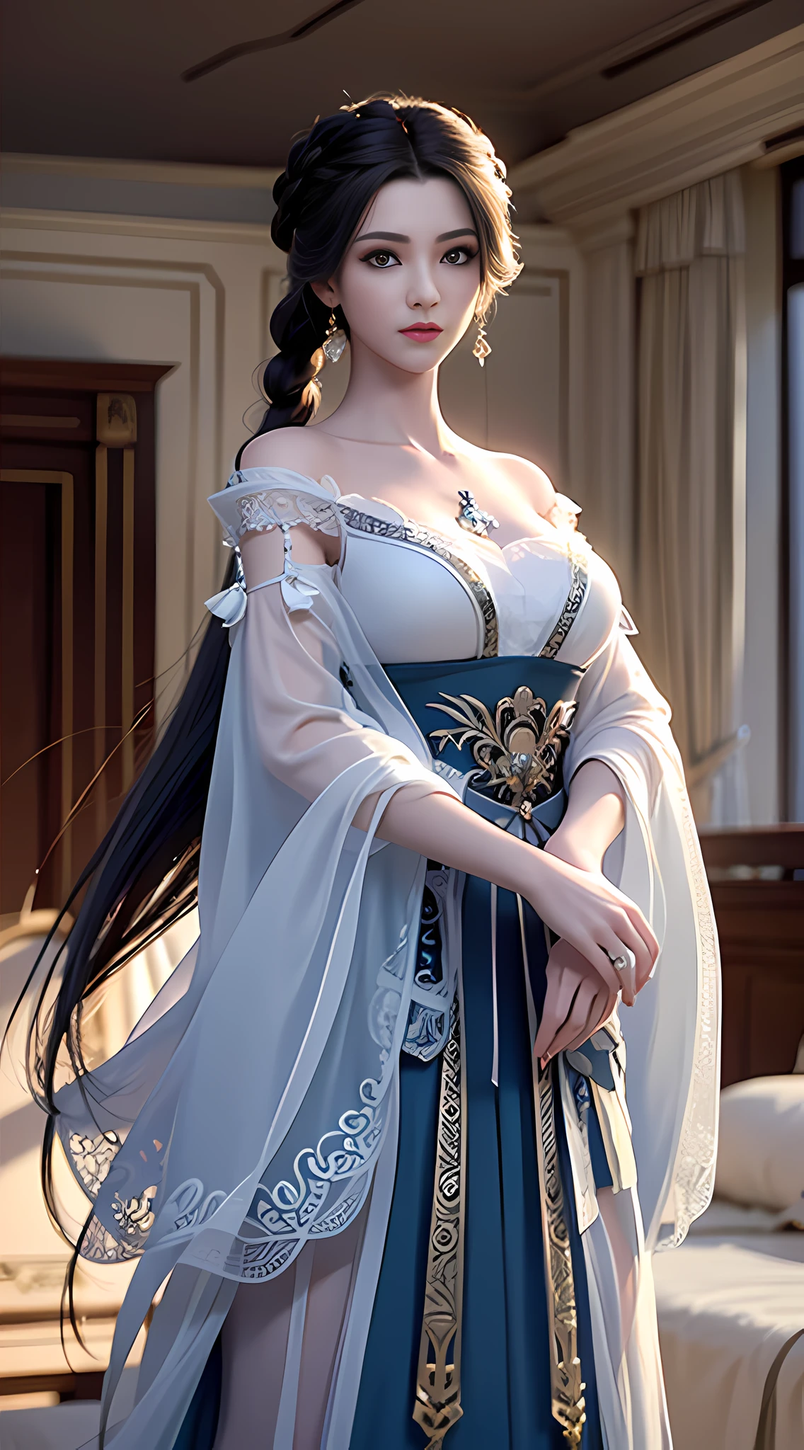Best Quality, Masterpiece: 1.4), Ultra High Resolution, Realistic, Front Lighting, Intricate Details, Delicate Details and Textures, 1girl, Solo, (Young), Facial Highlight, Upper Body, Detail Face, Tear Mole, White Skin, Silver Hair, Ponytail, Braid, Looking at the Audience, Big Eyes, (Openwork Pattern, Black, Silk), Earrings, , Slim Figure, Deluxe Room, Professional Lighting, Photon Mapping, Teleportion, Physically Based Rendering,