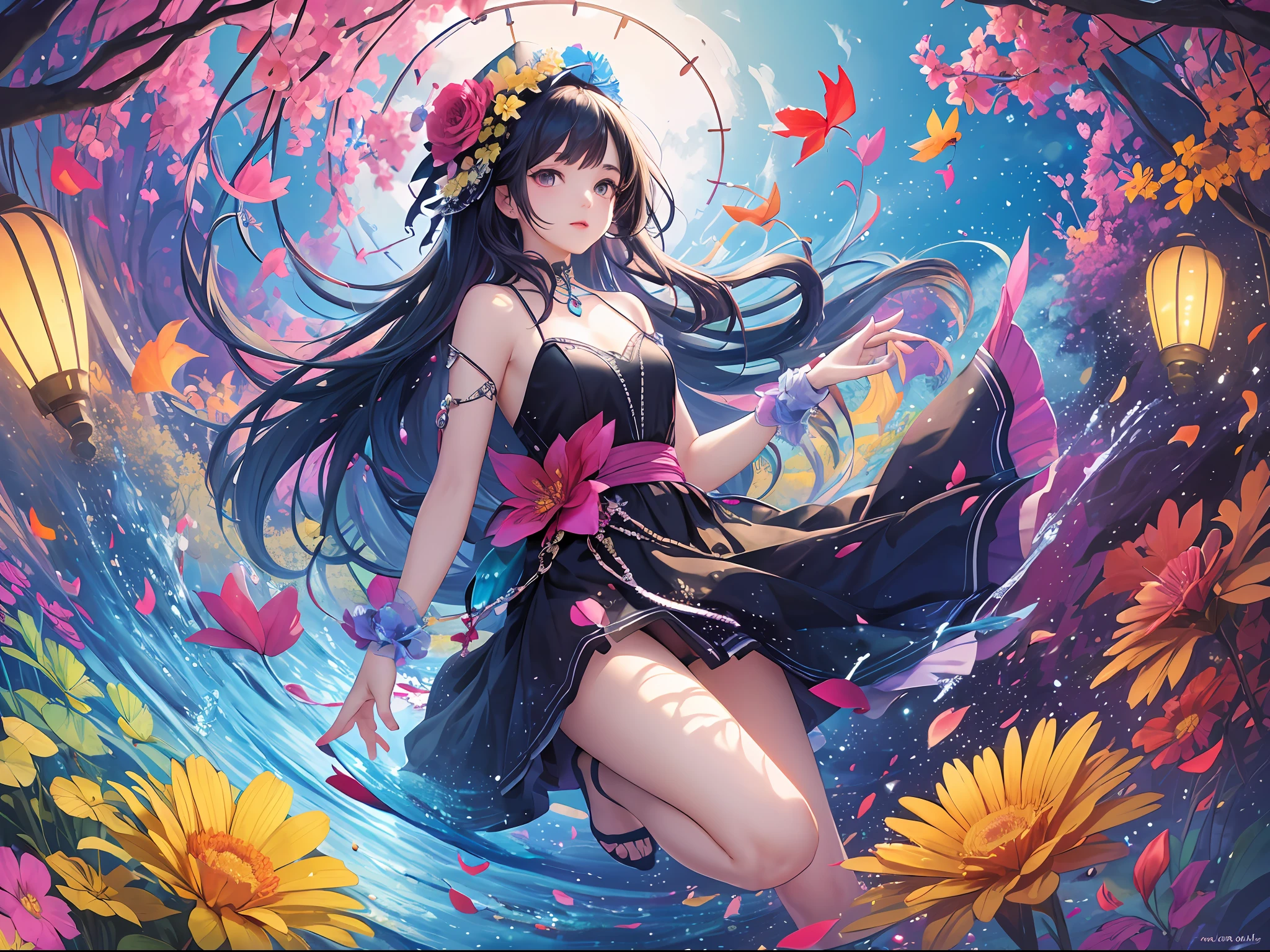1girl, (masterpiece:1.2), colorful, vibrant color enviroment, colorful things around, floating, best quality, beautiful, (vibrant abstract particle:1.2), water, flower, leaf, lantern, petals, absurdres