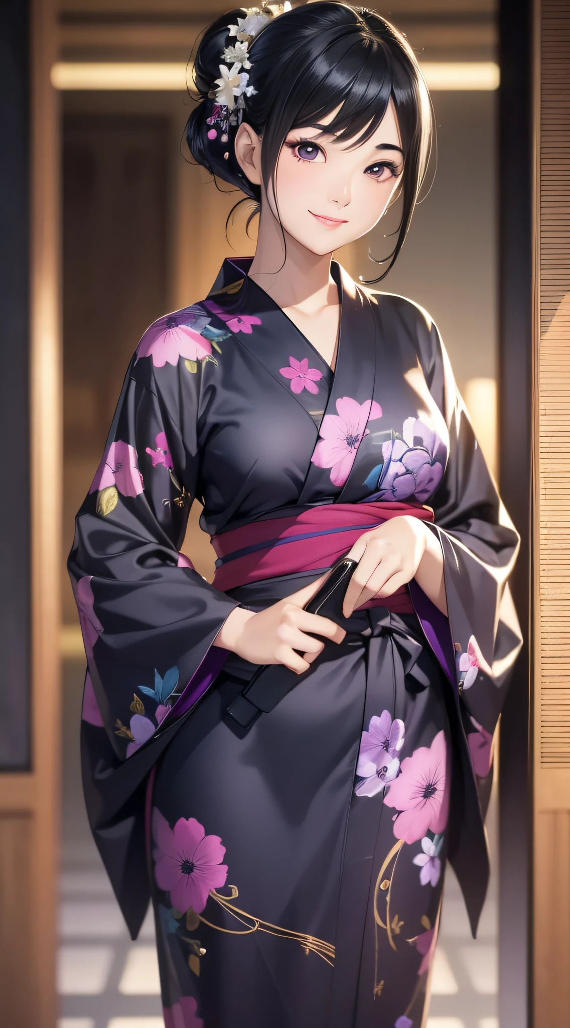 Top Quality, Masterpiece, Ultra High Resolution, (Photorealistic: 1.4), 1 girl, Black hair, Glossy skin, Dramatic lighting, No background, Purple yukata, Hairstyle up, Smile, Facing forward, Full body reflected, Very wide shot, Standing