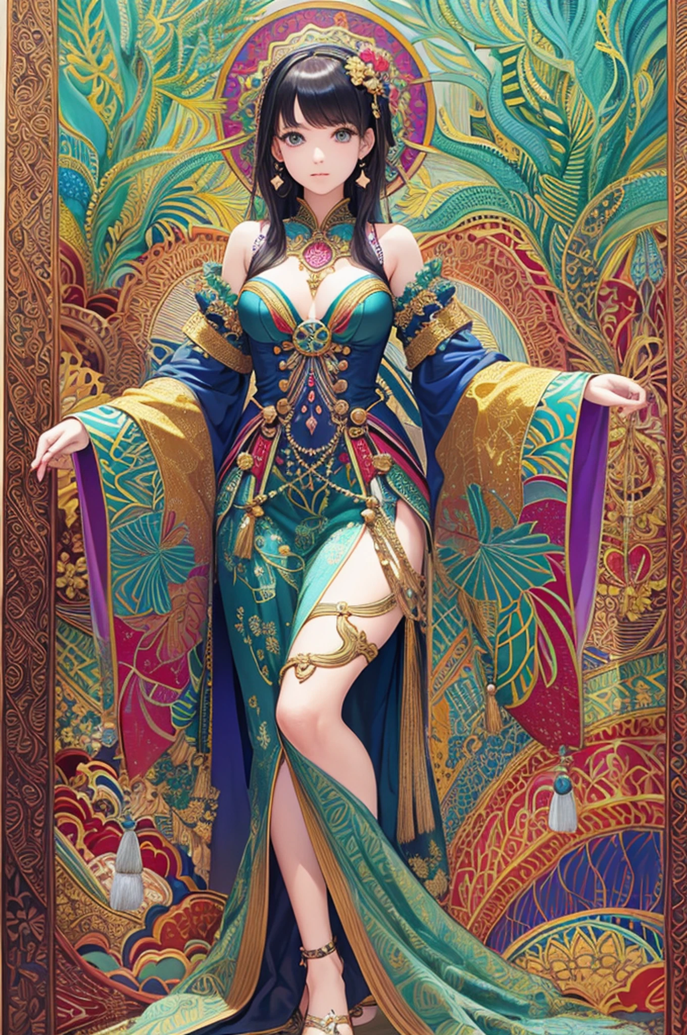 (Masterpiece, Top Quality, Best Quality, Official Art, Beauty and Aesthetics: 1.2), (1girl: 1.3), Very Detailed, (Fractal Art: 1.2), Colorful, Most Detailed, (Zentangle: 1.2), (Dynamic Pose), (Abstract Background: 1.5), (Traditional Clothing: 1.2), (Shiny Skin), (Multiple Colors: 1.4), Full Body