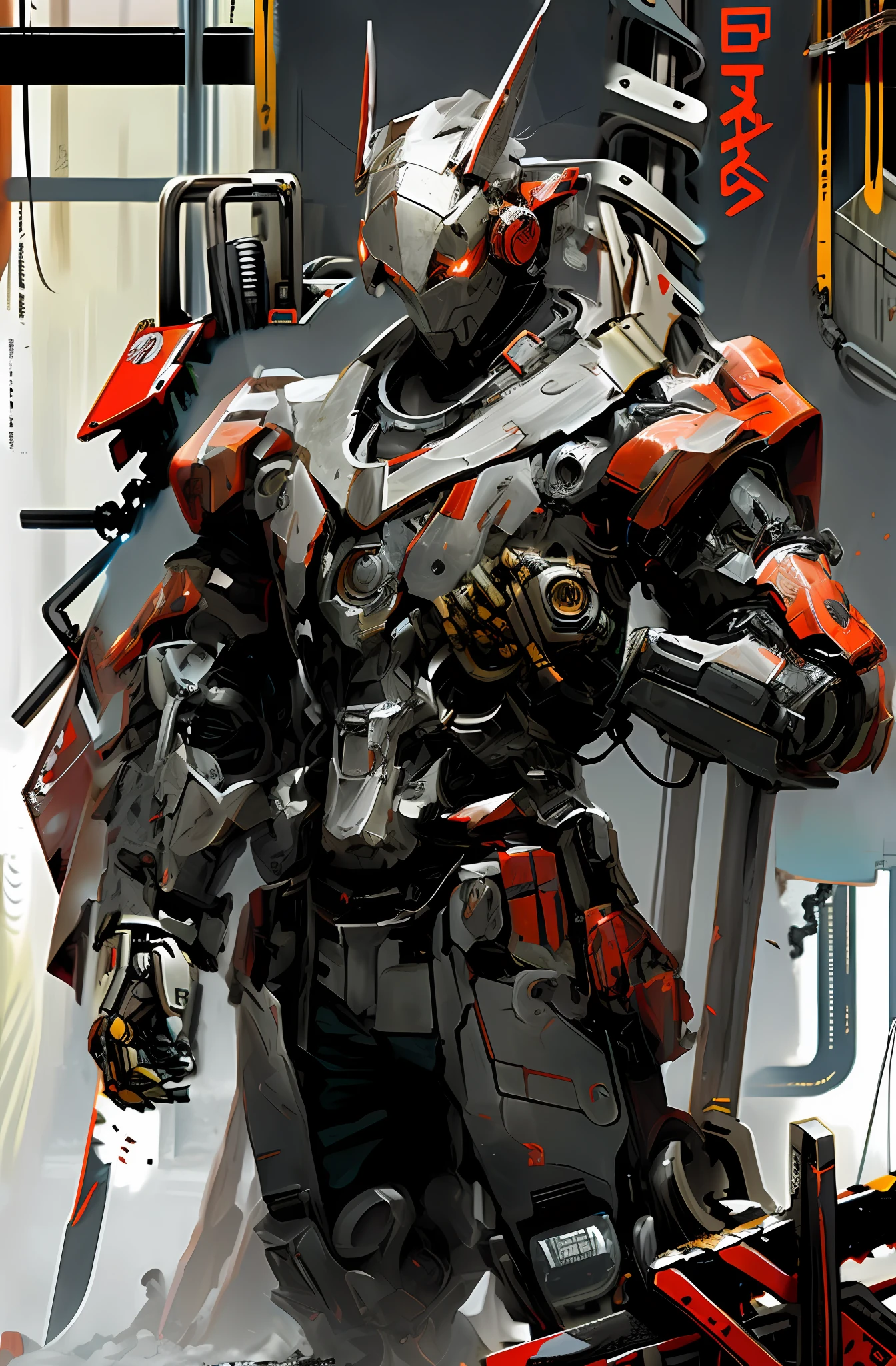 Dark_Fantasy,Cyberpunk,(chain saw,chain saw man,Red:1.1),1man,Mechanical marvel,Robotic presence,Cybernetic guardian,