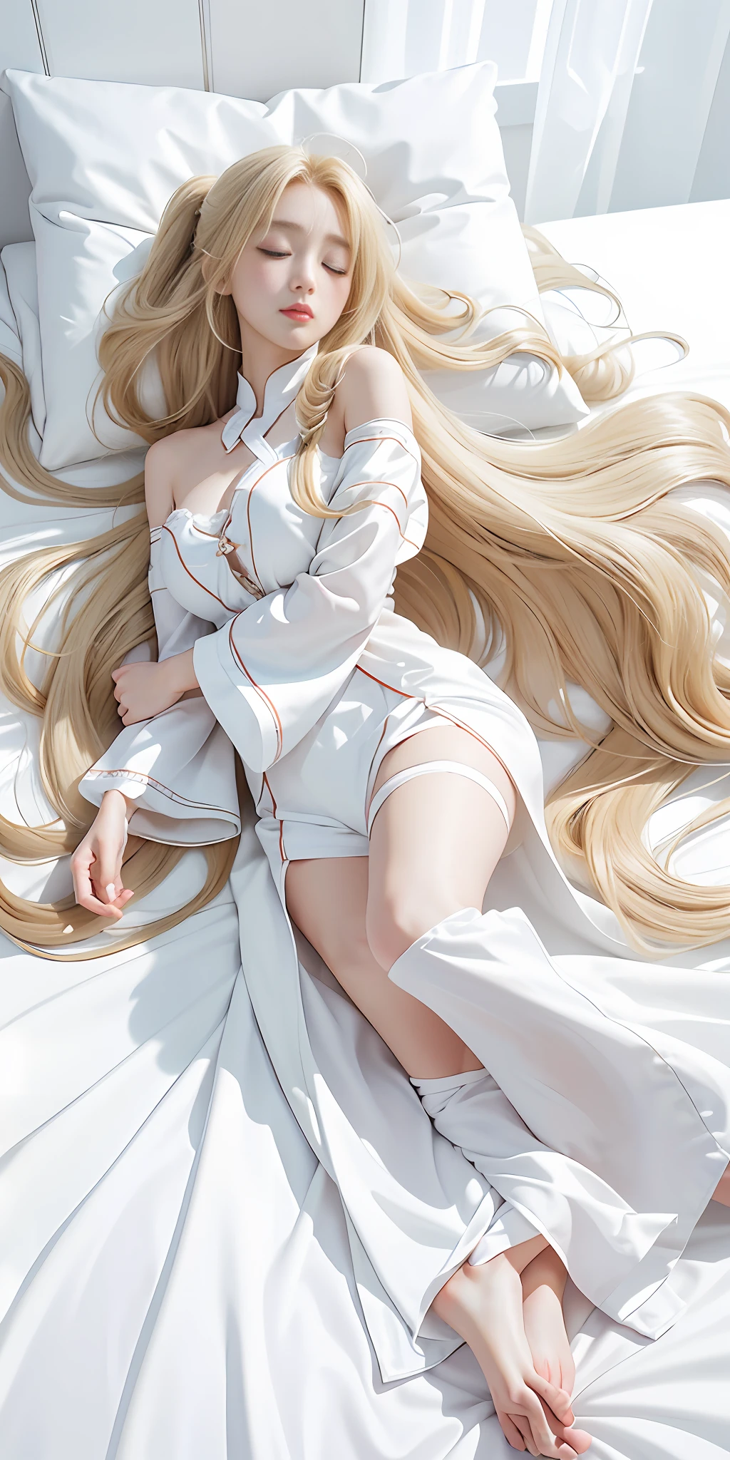 Anime girl lying on bed with eyes closed, hands on chest, blonde anime girl with long hair, white dress, anime goddess, white pajamas, white transparent clothes, seductive anime girl, anime girl with long hair, highest rated on pixiv, anime Barbie in white, in pixiv, jade feet, three-dimensional facial features, mature