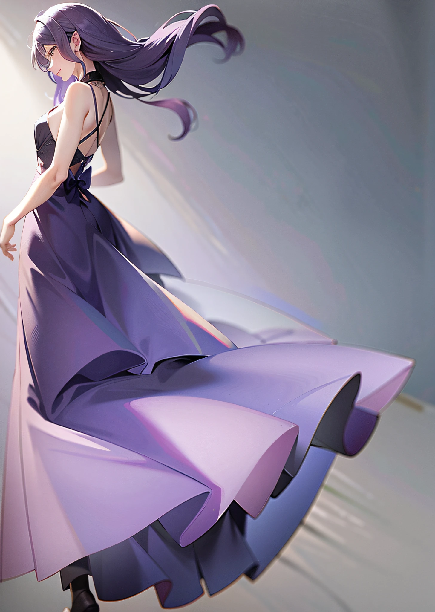 Purple long haired girl, lilac dress, sideways, sideways, full sideways, side view, standing posture, smile, natural hair direction