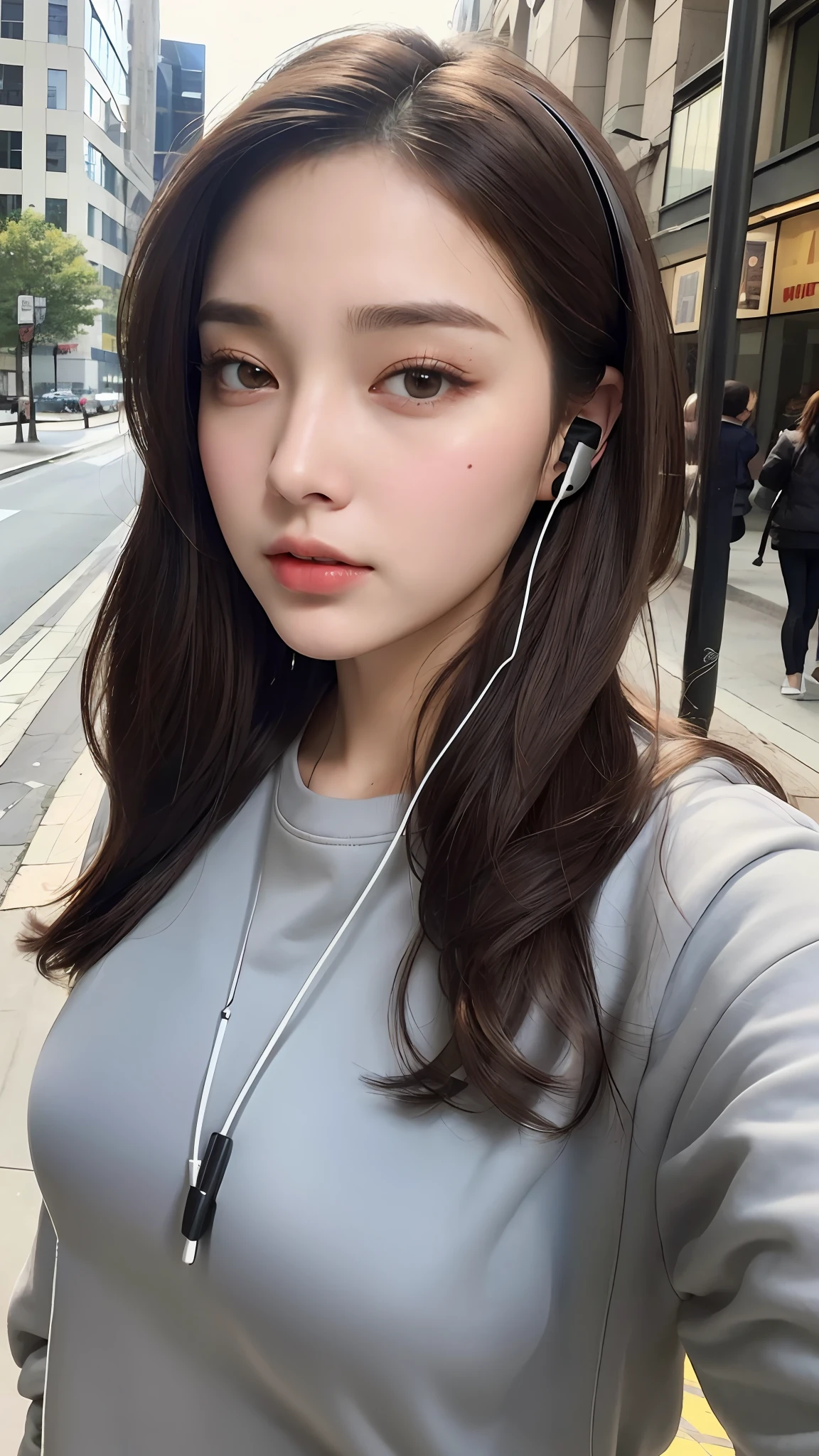 (Best quality, high resolution, masterpiece: 1.3), a beautiful woman, big breasts, slim figure, (short dark brown hair), wearing headphones, sweatshirt, on the street, details in the face and skin texture beautifully presented, detailed eyes, double eyelids, big eyes